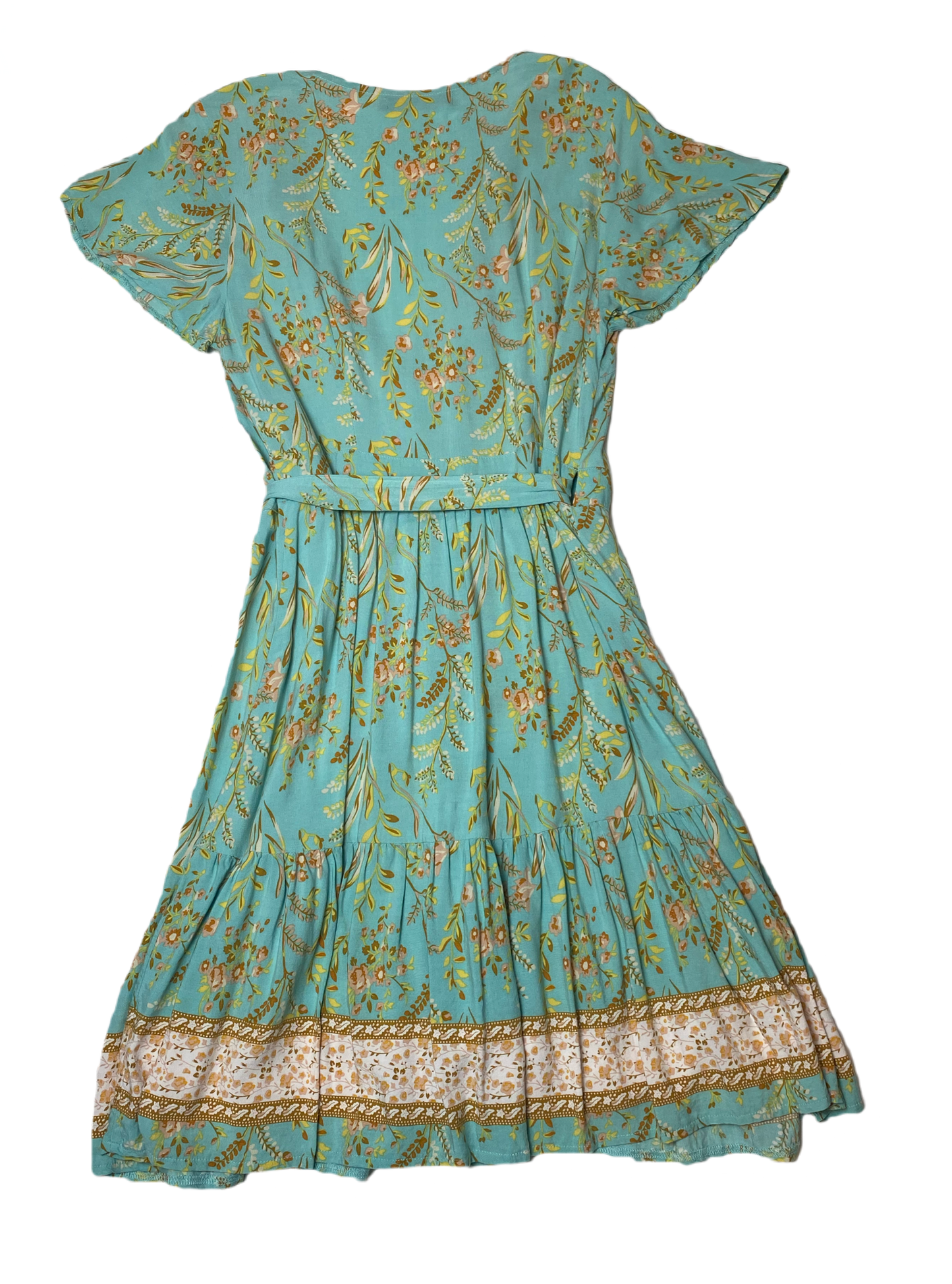 Zesica Short Wrap Dress with Short SleevesGreen wrap dress with rust and cream floral print and ruffle hem.
Bridal shower coming up? Look cute and be comfortable at the same time in this dress!!