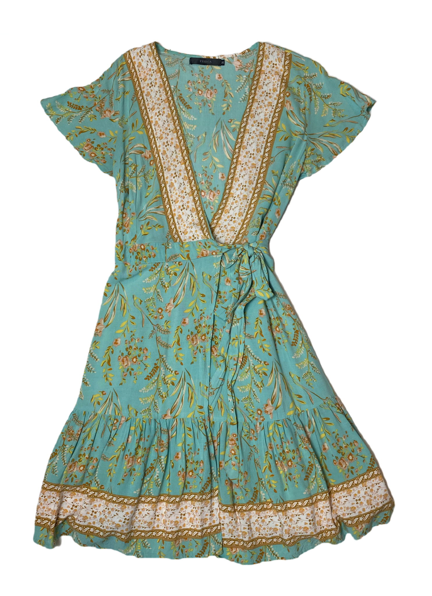 Zesica Short Wrap Dress with Short SleevesGreen wrap dress with rust and cream floral print and ruffle hem.
Bridal shower coming up? Look cute and be comfortable at the same time in this dress!!