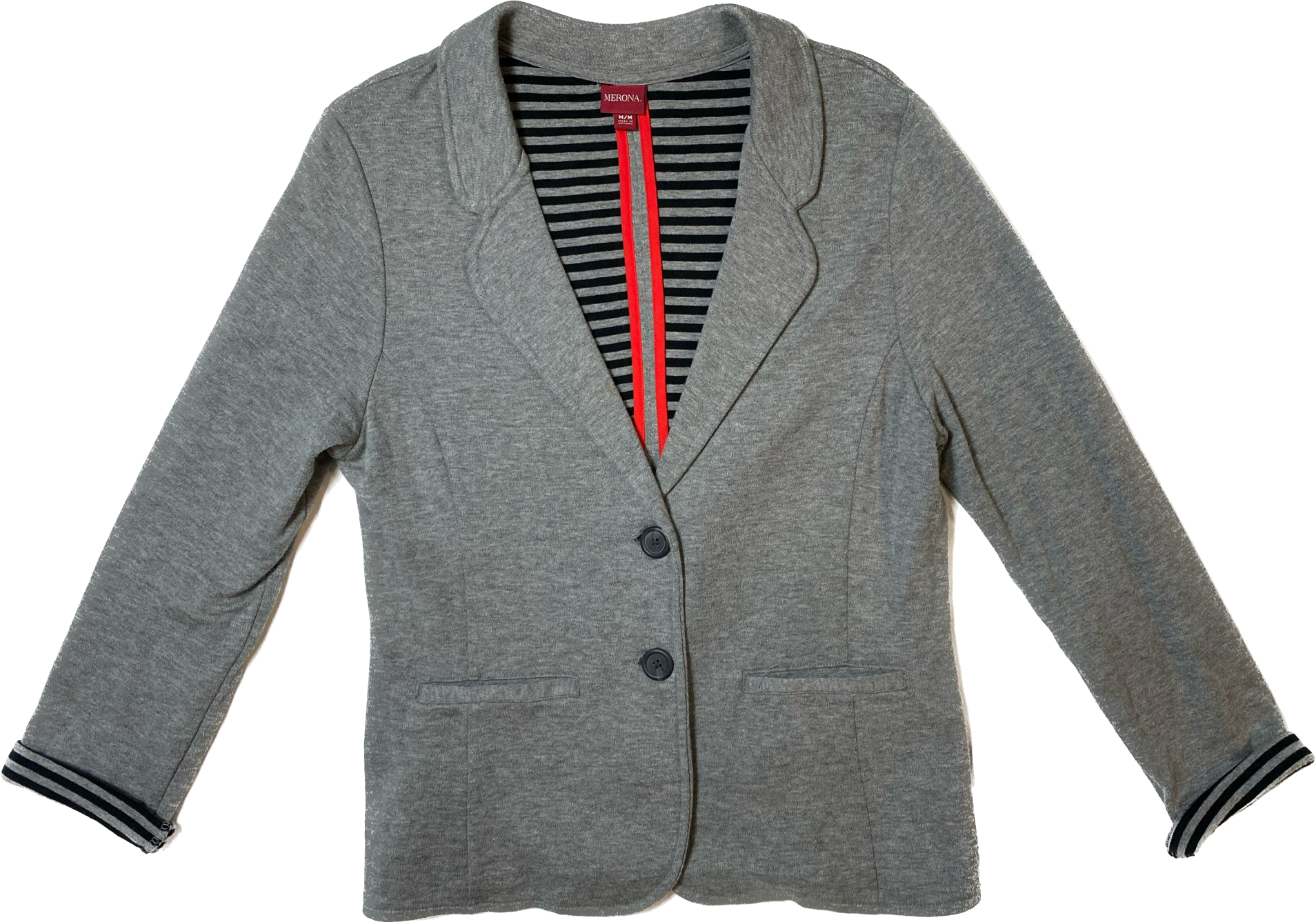 Merona Grey Blazer with Black Stripe Inside - NWOT Two button cotton blazer with notch collar and pockets. The stripe interior is great for rolling the cuffs and adding a little "pop" to your outfit.