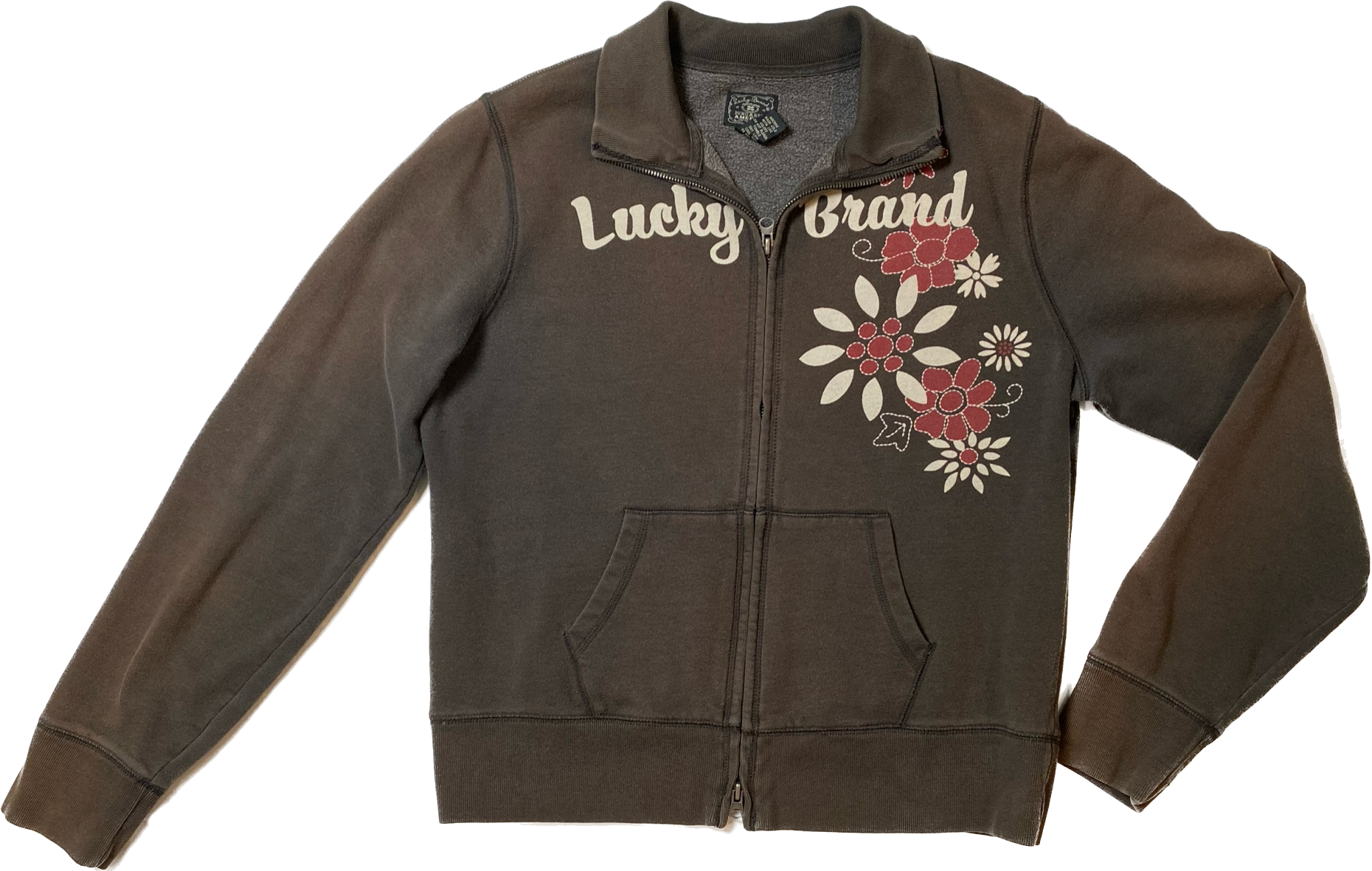 Lucky Brand Zip Front Fleece Jacket Zip front embellished brown fleece jacket with front pockets.