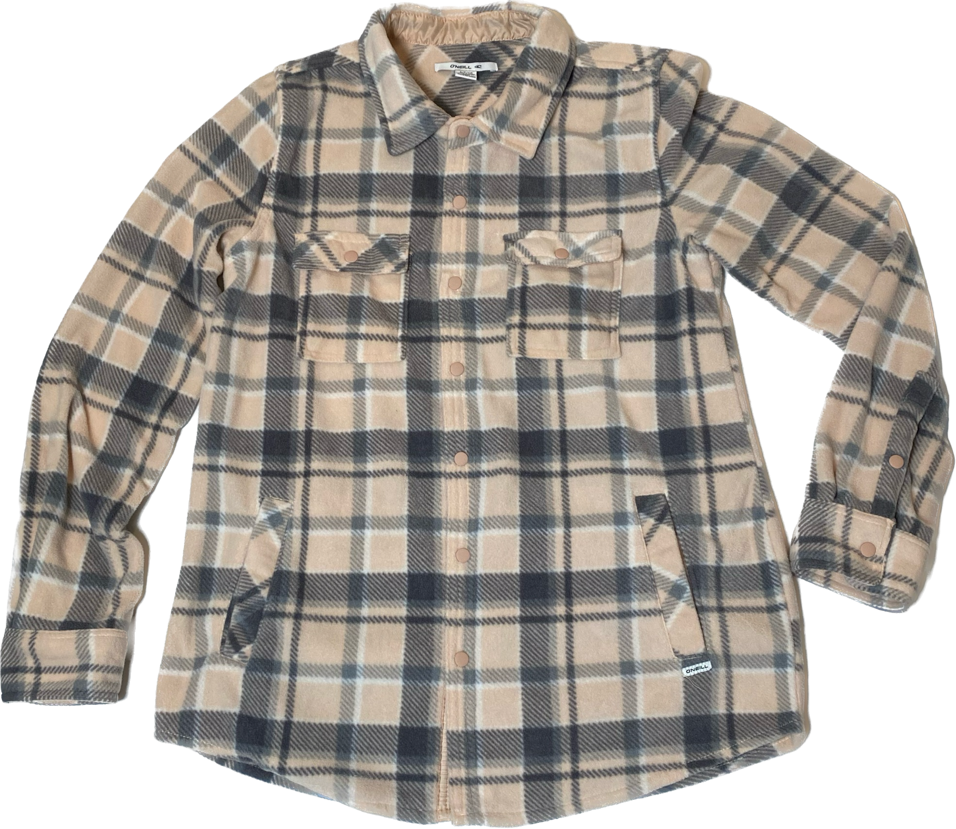 O'Neill Fleece Snap Front Plaid Jacket Stay cozy and stylish with the O'Neill Fleece Snap Front Plaid Jacket! Made by O'Neill, this jacket features a peach, grey, an