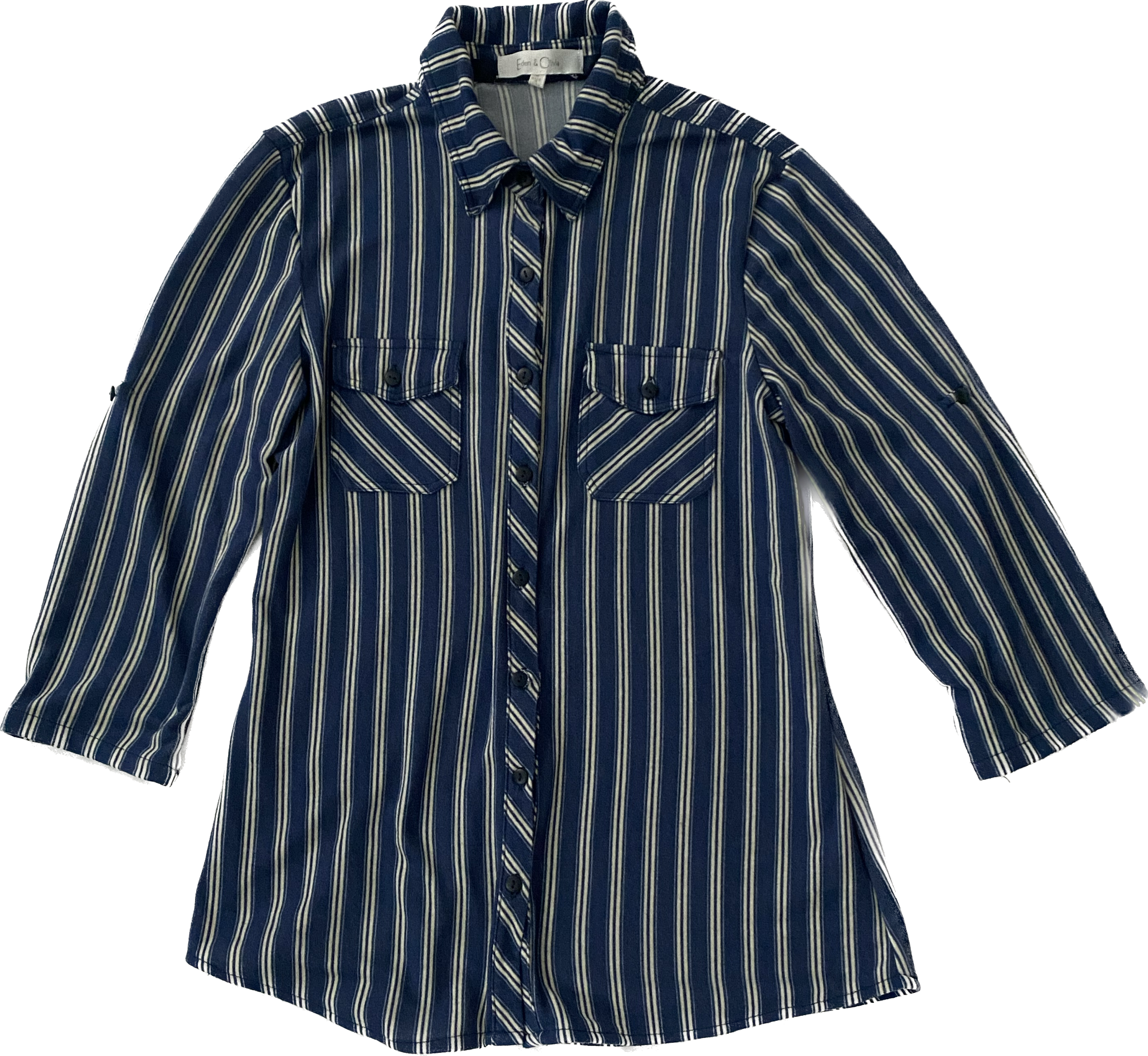 Eden & Olivia Blue and White Stripe Shirt Soft blue and white stripe 3/4 sleeve button front shirt. Easy to wear to work or on the weekend, for both comfort and style.