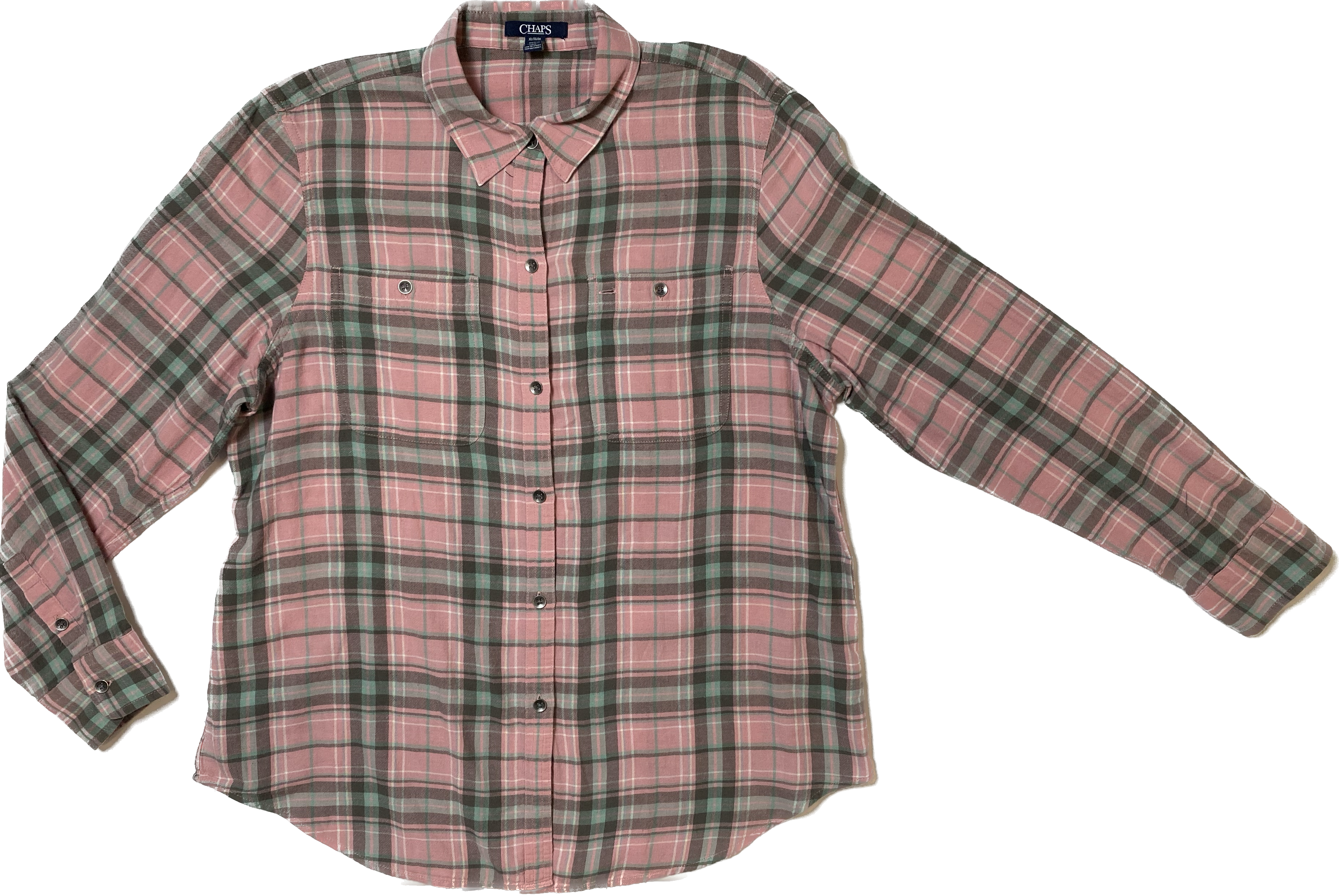 Chaps Soft Pink Plaid Flannel Soft pink with green and white plaid flannel.
Add jeans and sneakers for an easy Fall day out.