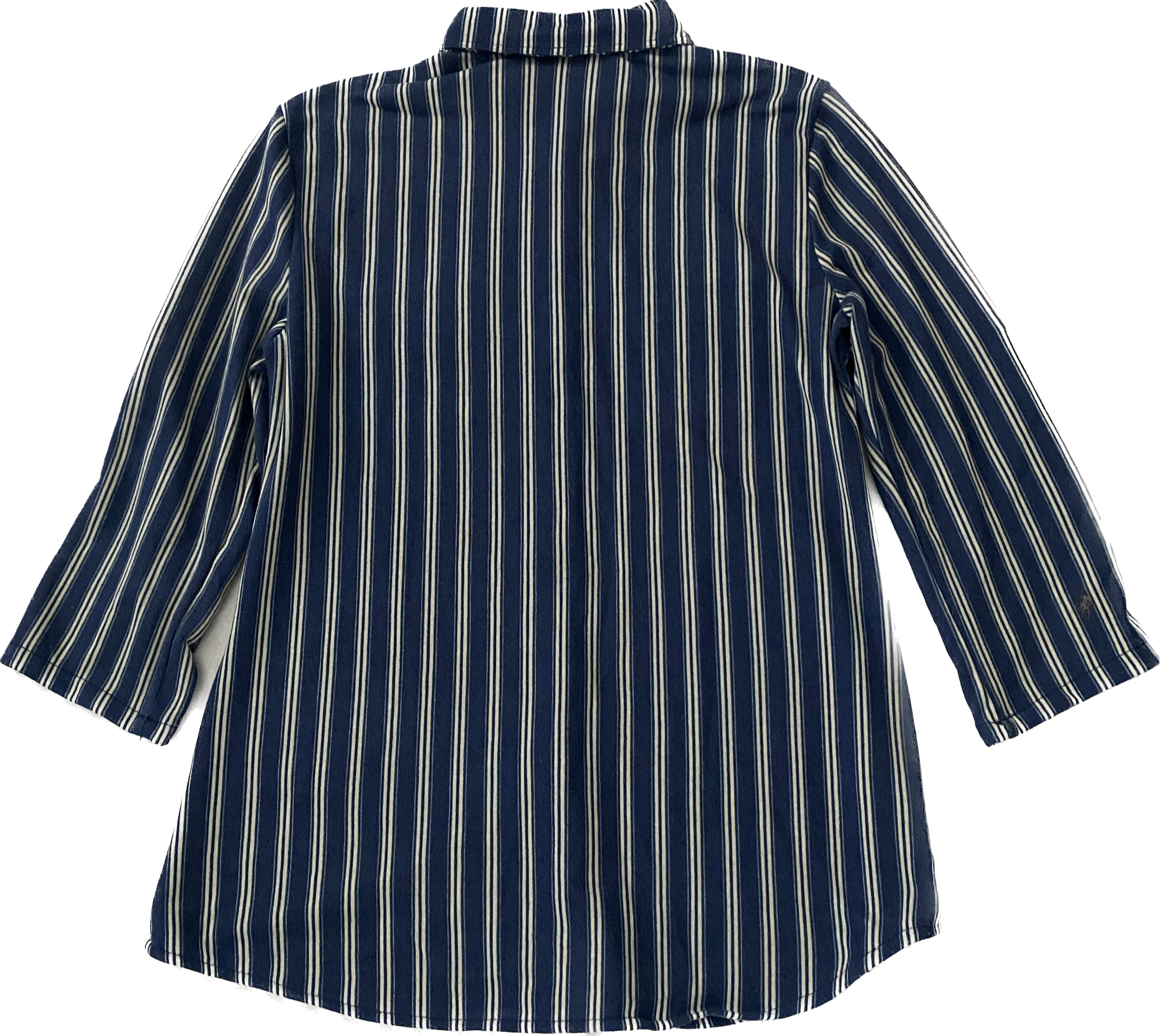 Eden & Olivia Blue and White Stripe Shirt Soft blue and white stripe 3/4 sleeve button front shirt. Easy to wear to work or on the weekend, for both comfort and style.