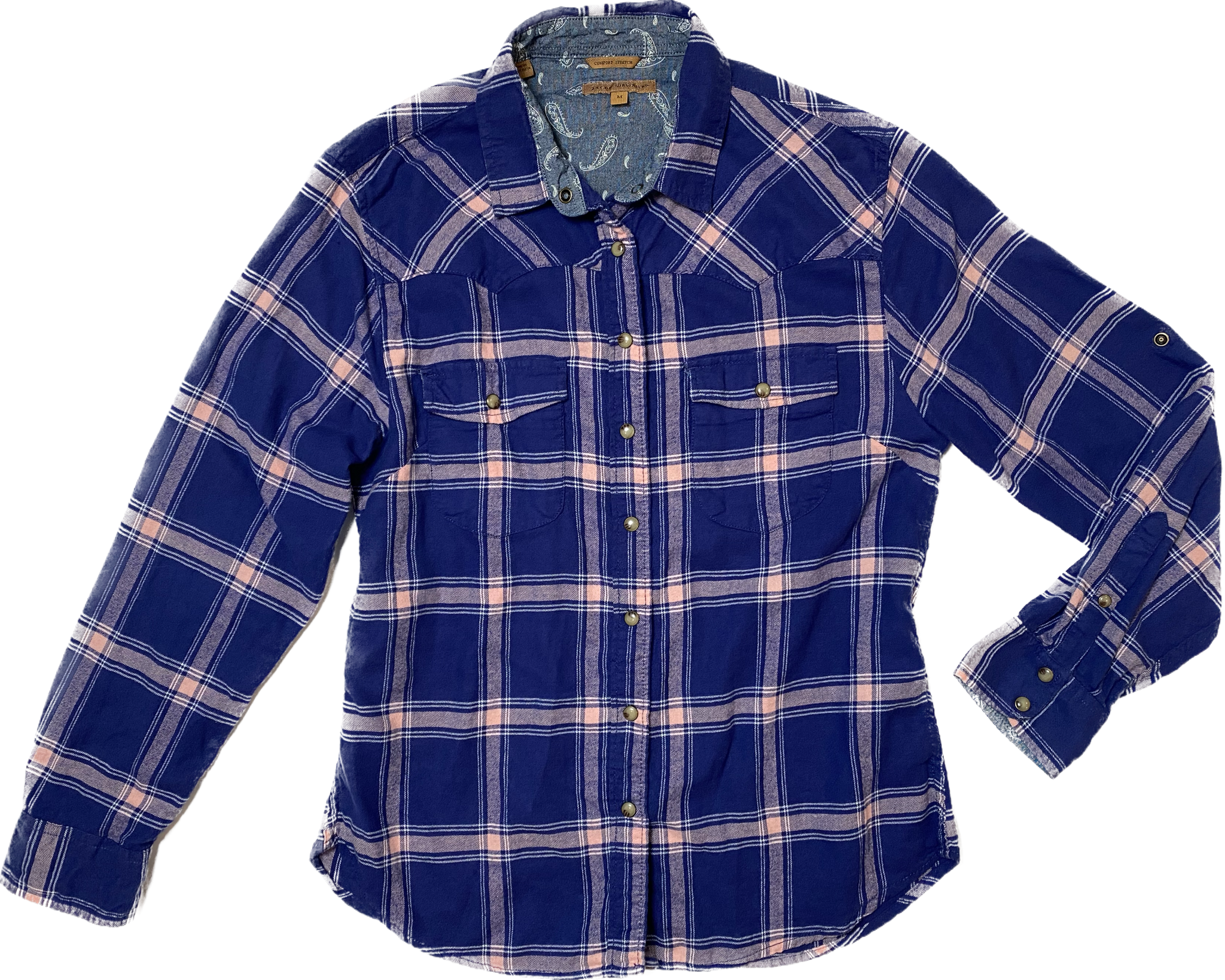 Jachs Girlfriend Blue Plaid ShirtBlue with pink and white plaid, western cut, snap front long sleeve shirt.
Great shirt to wear open over a t-shirt, or on it's own with jeans and ankle boots.