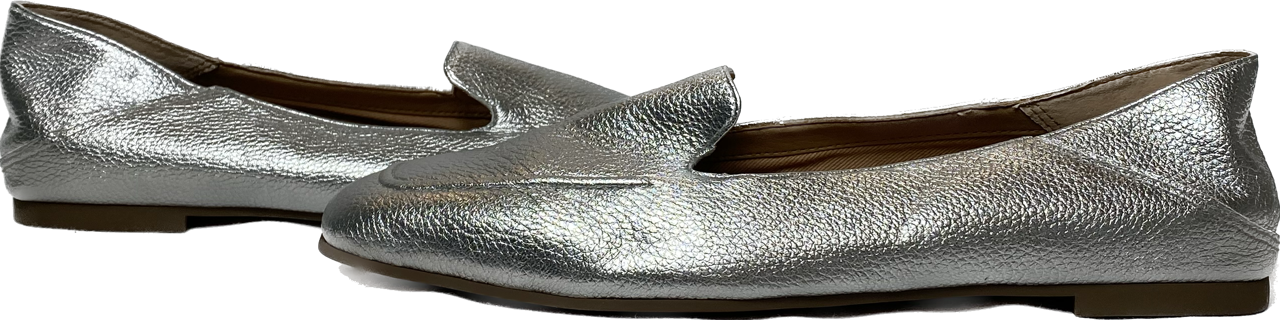 Franco Sarto Silver L-Gracie Slip-On Loafers - EUCBeautiful silver metallic leather slip-on loafers. These are the perfect easy wear shoes for an on the go day.