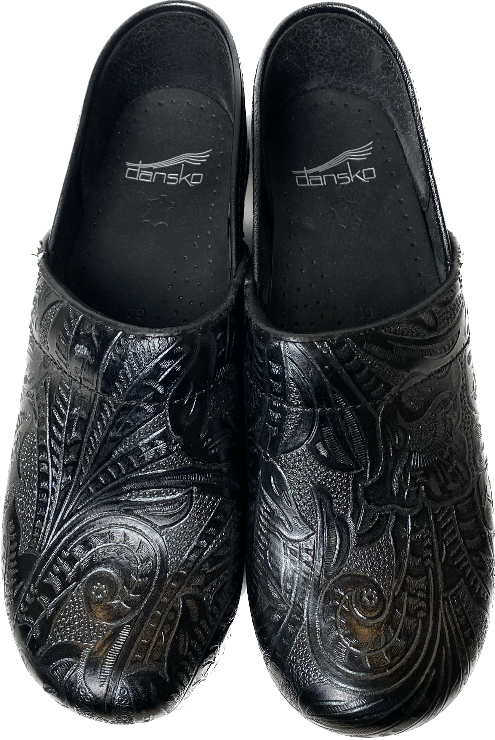 Dansko Professional Black Leather Floral Embossed ClogsThis dansko clog is beautifully embossed with a floral print that will look great with any outfit.