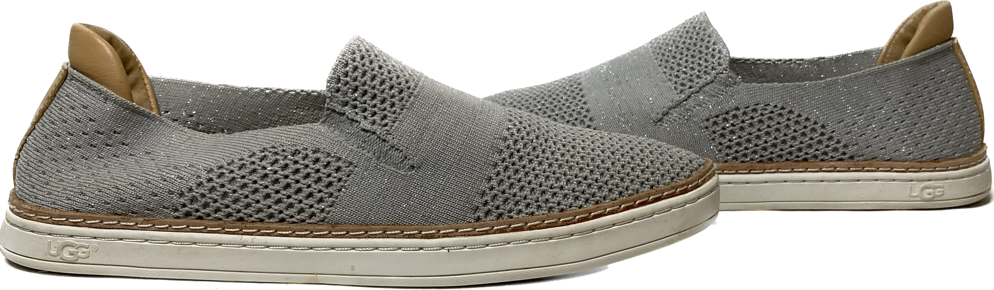 Ugg Grey Sammy Slip-OnsThese stretch knit slip-ons have just the right amount of sparkle subtly woven in. 
Great shoes for casual weekend wear!Ugg Grey Sammy Slip-OnsShoes