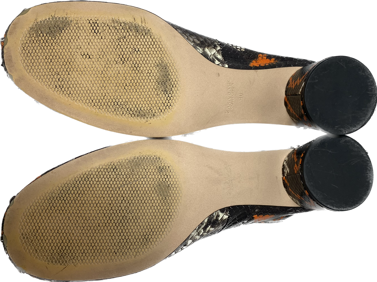 Zara Basic Collection Black and Orange Snake Skin Print Shoes Very cool round heel and round toe Zara shoes. These are the perfect non basic to add to your wardrobe.Orange Snake Skin Print ShoesShoes