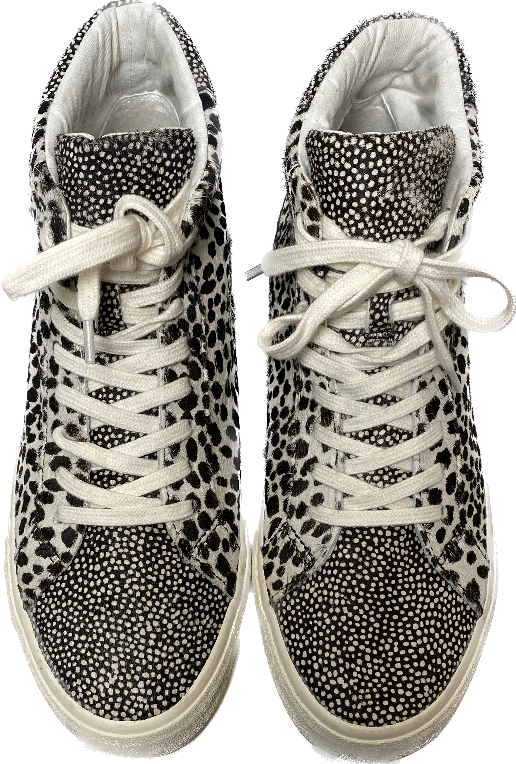 Madewell Animal Print Calf Hair Sidewalk High Top Sneakers in Spot MixThese sneakers are so cool and in great condition!!  Wear them with any outfit to make a statement and be comfortable at the same time.