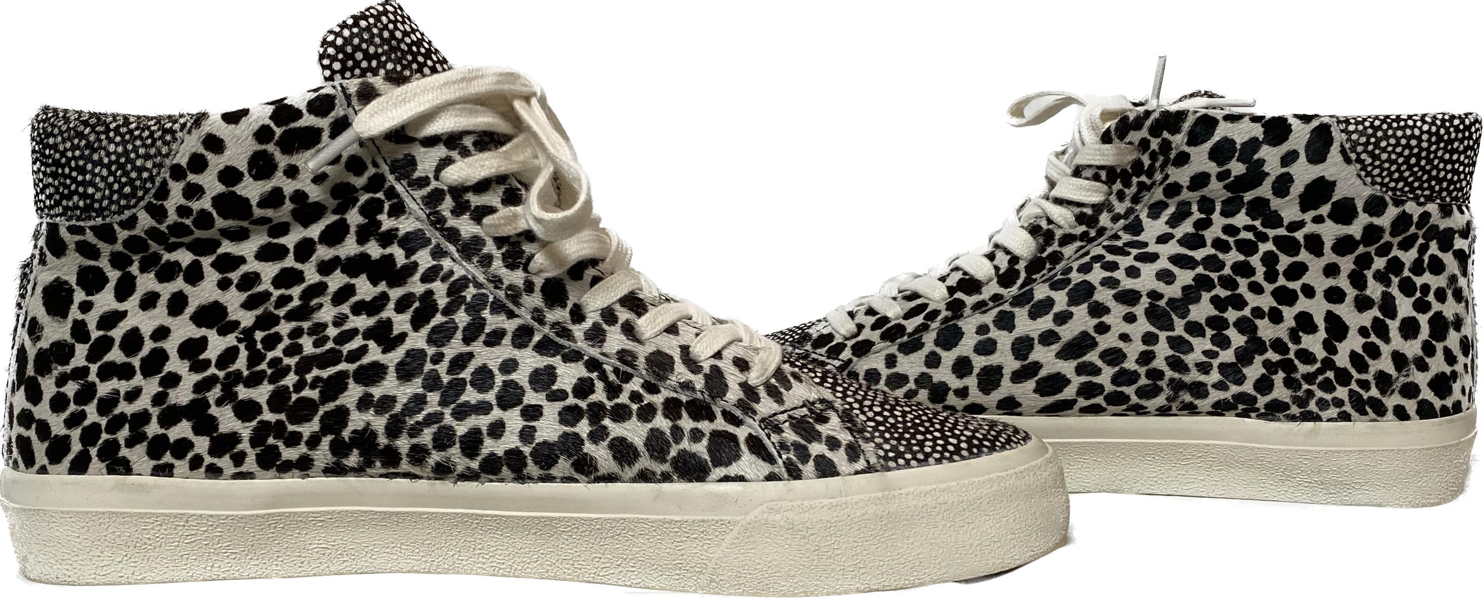 Madewell Animal Print Calf Hair Sidewalk High Top Sneakers in Spot MixThese sneakers are so cool and in great condition!!  Wear them with any outfit to make a statement and be comfortable at the same time.