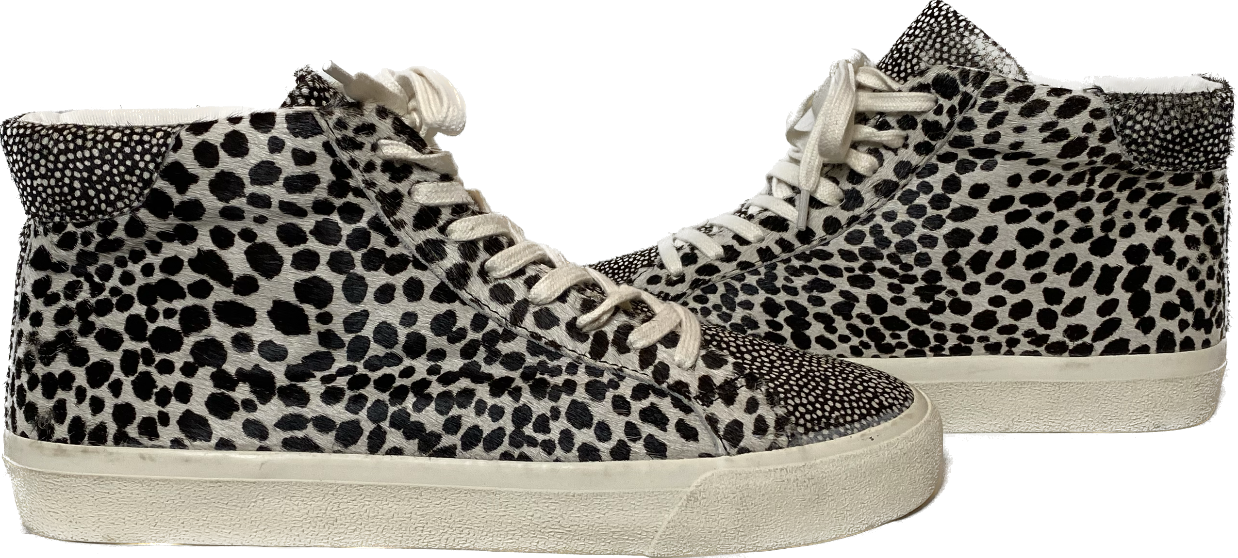 Madewell Animal Print Calf Hair Sidewalk High Top Sneakers in Spot MixThese sneakers are so cool and in great condition!!  Wear them with any outfit to make a statement and be comfortable at the same time.