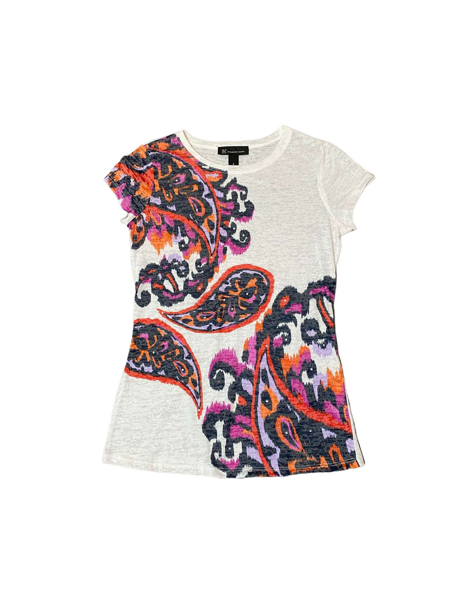 INC White Top with Graphic INC white burn out t-shirt top with paisley print on front and one sleeve.