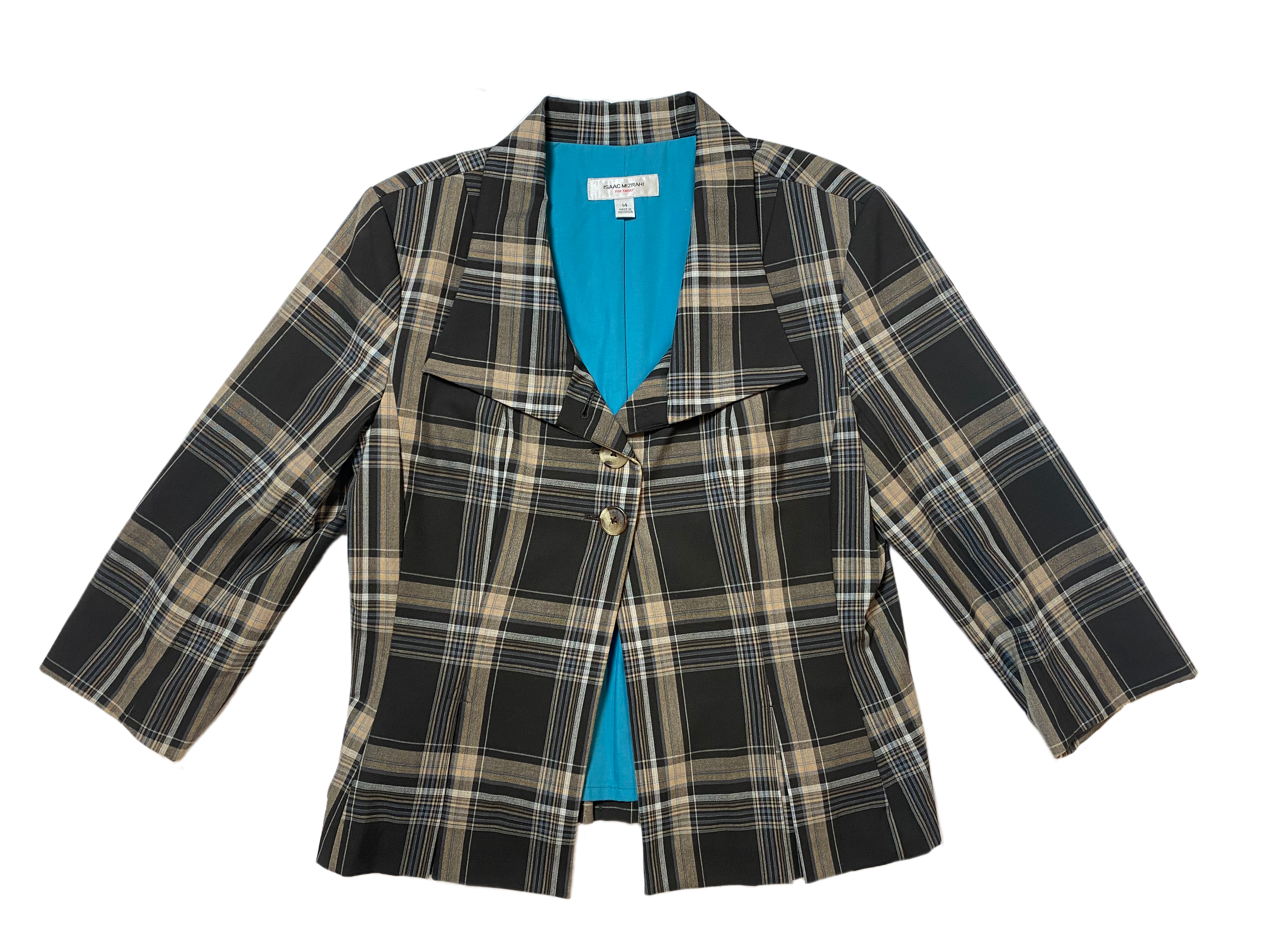 Isaac Mizrahi for TargetThe styling of this blazer is subtlety different yet some how classic. With the 3-4 sleeves and full lining, it makes it the perfect piece to wear almost year round.JacketIsaac Mizrahi for Target Brown Plaid 3/4 Sleeve BlazerIsaac Mizrahi