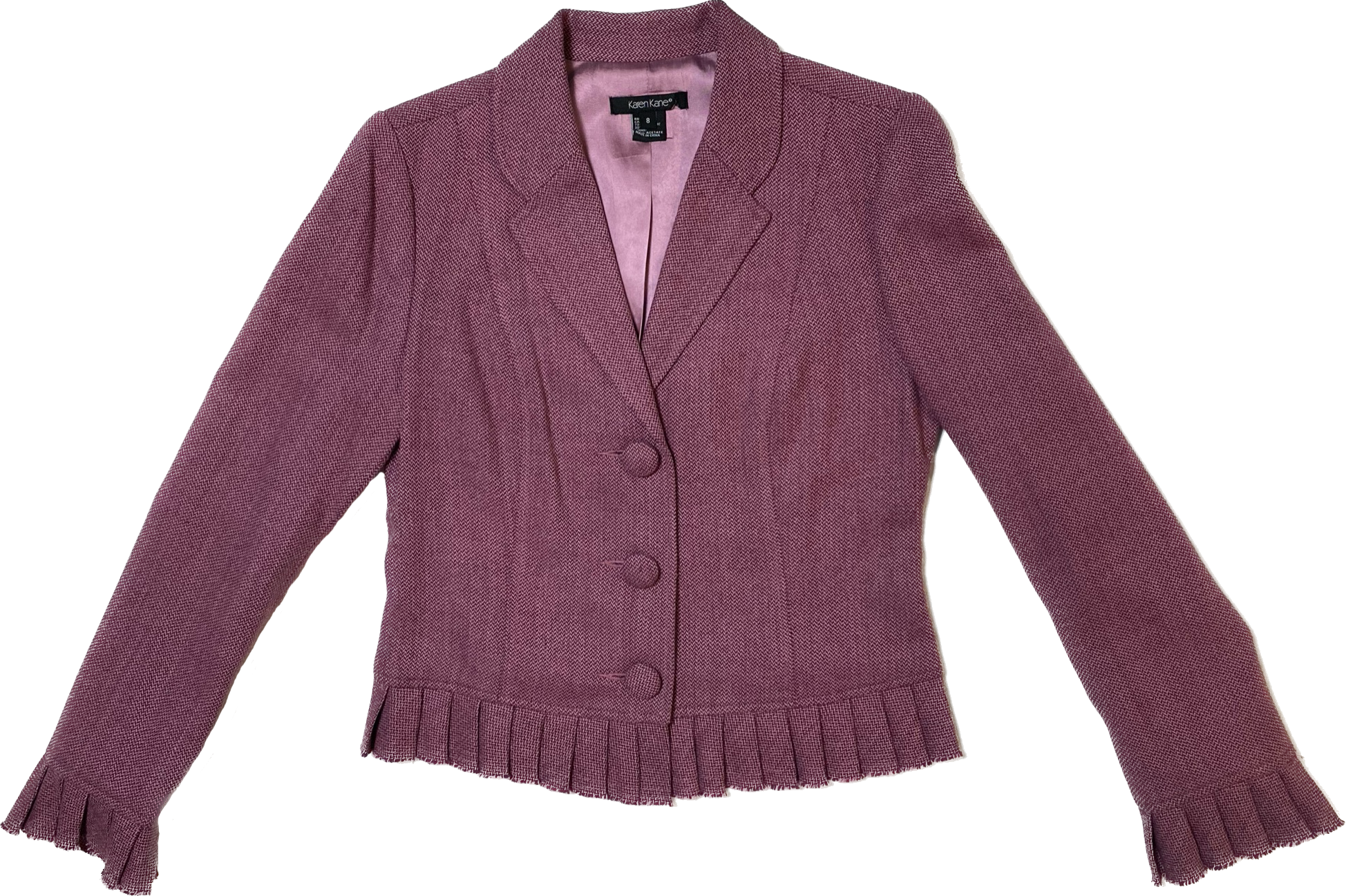 Karen Kane Blazer with Ruffle Hem and CuffsPlum colored lined blazer with covered buttons, ruffle hem and cuffs.
Wear this with jeans and chunky heels for a great looking outfit!