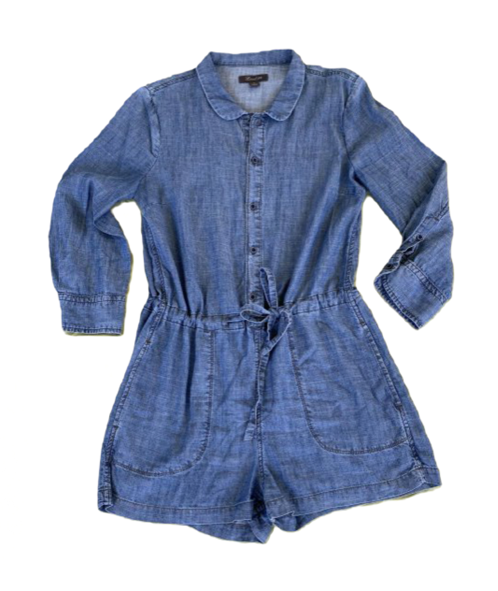 Level 99 Denim look Romper button down with a drawstring waist and poc 