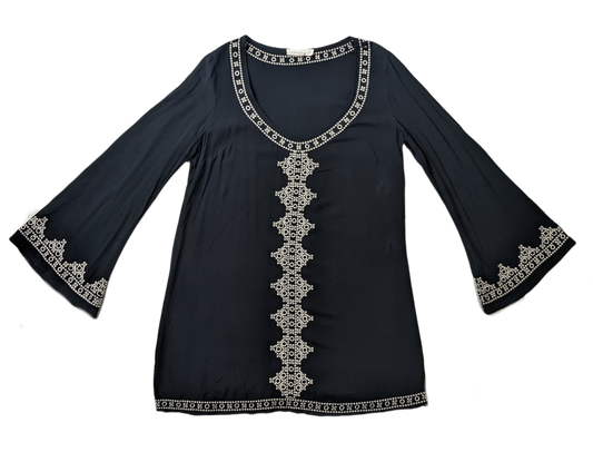 Lovestitch Bell-sleeve Embroidered DressThis dress has the Boho style that you want, and the comfort you crave!  Wear it with sneakers for a casual look, or get funky with some boots and a denim jacket!
 