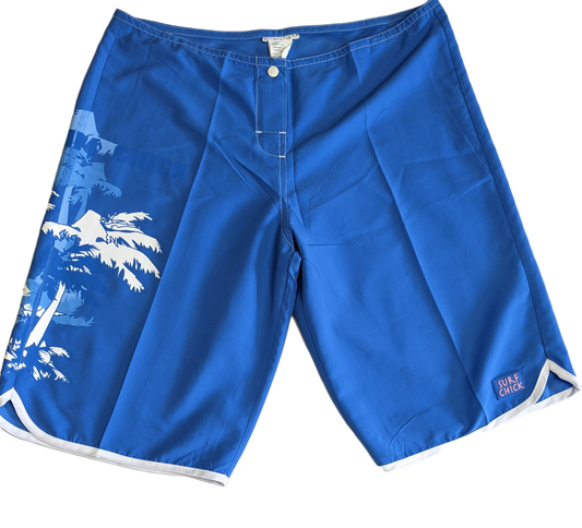 Surf ChickSurf Chick blue board shorts with tropical print and white trim edging.
These are light weight and perfect for a sunny day at the beach with flip flops and a tank toShortsSurf Chick Blue Board ShortsSurf Chick Blue Board Shorts