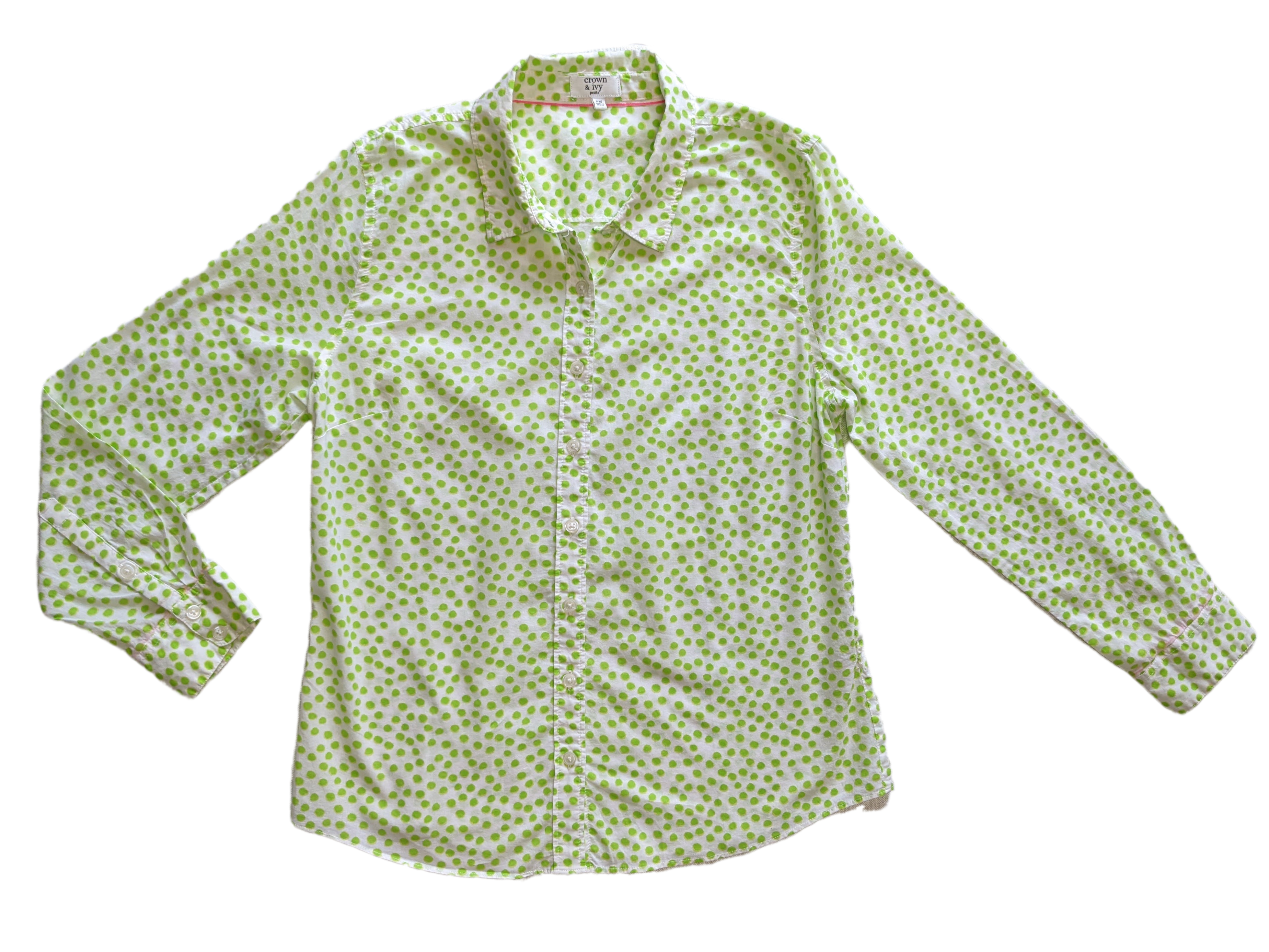 Crown & Ivy White Blouse with Green Polka DotsLight-weight and breezy, this is such a cute blouse.  It even has a touch of pink trim at the neck and cuffs, just because!
 