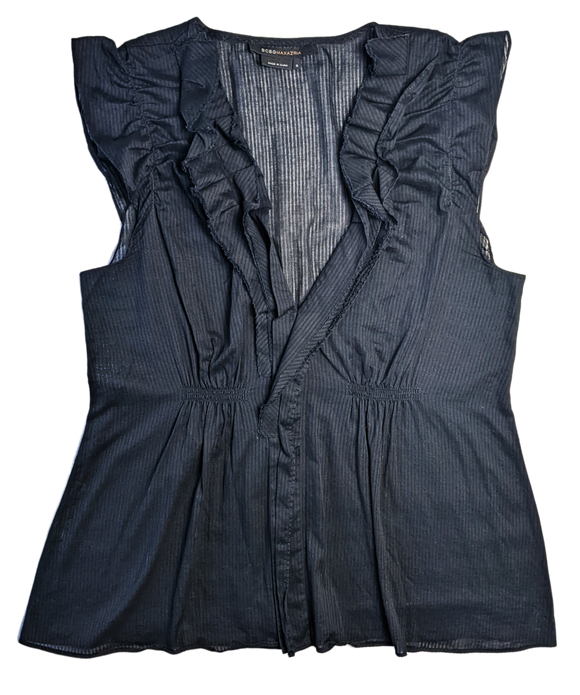 BCBG Maxazria Sleeveless Ruffled Sheer Top Gorgeous sheer top to dress us your wardrobe.  Perfect for date night or a night out with the girls!