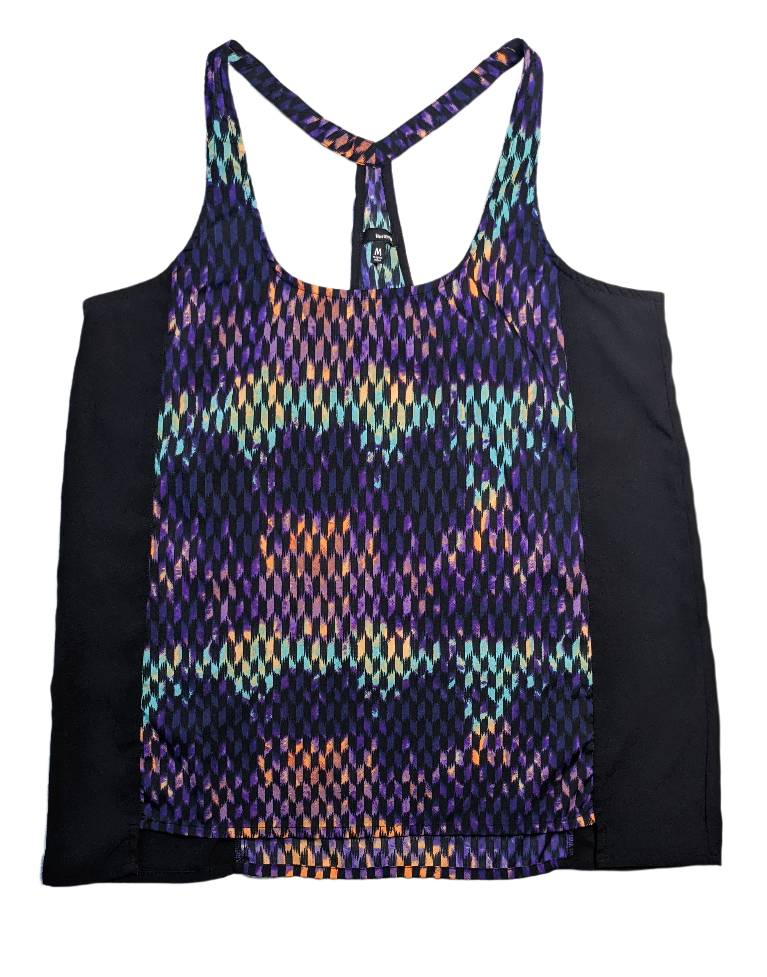 Hurley Racer Back Black Tank with Printed DetailsThis is a great tank for being on the beach, or at the gym.  The colors are great, and the styling is slimming!  You can't go wrong.