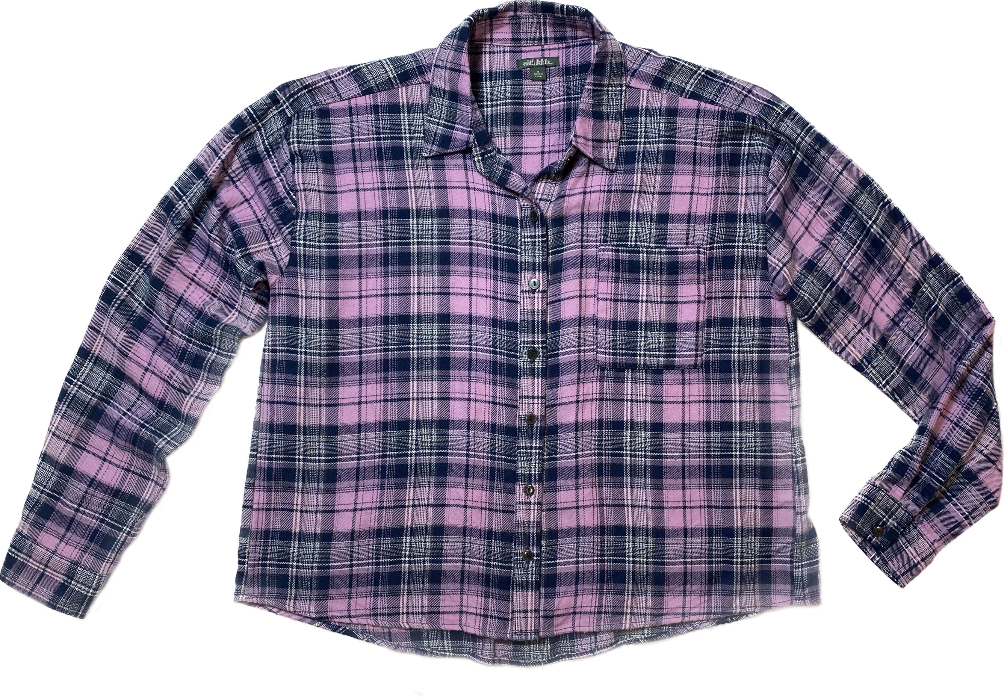 Wild Fable Lavender & Blue Long Sleeve Flannel Super soft and comfy long sleeve flannel with lavender, blue and white. 
This looks great with a lavender jacket, jeans and black boots. 