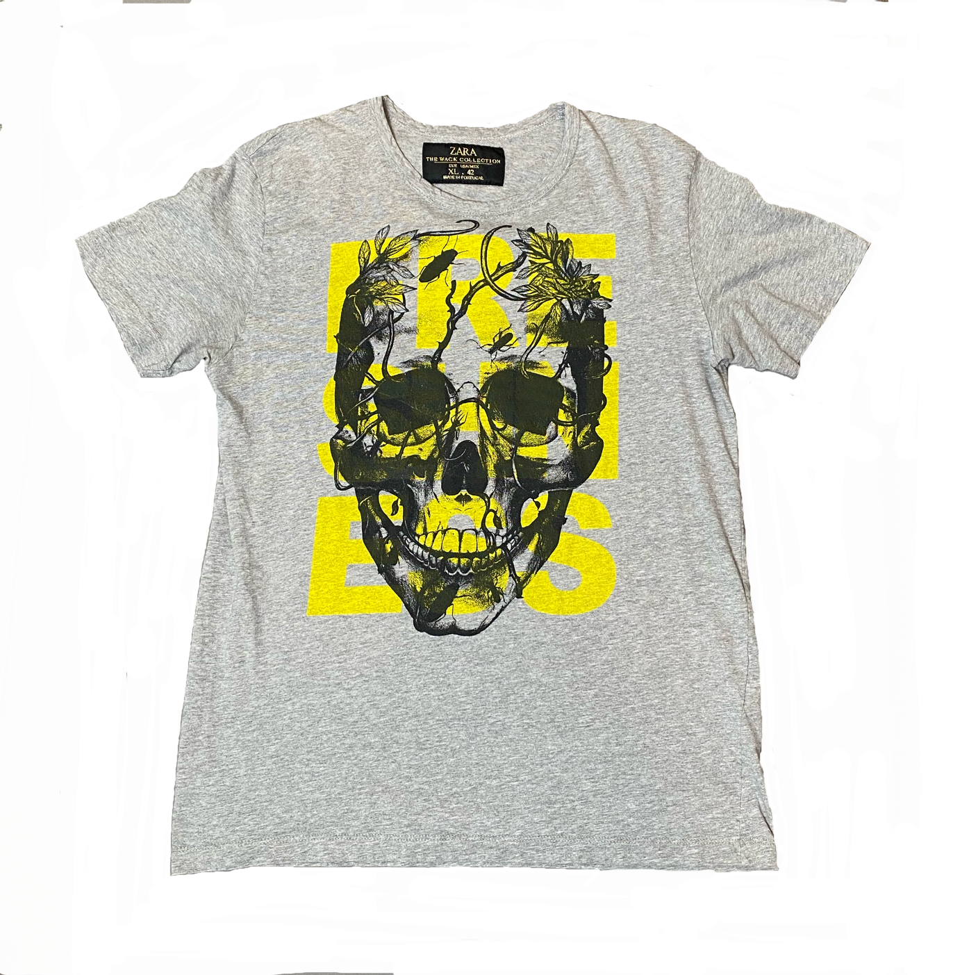 Zara Wack Collection Skull Graphic T-ShirtZara Wack Collection grey t-shirt with yellow and black skull graphic.