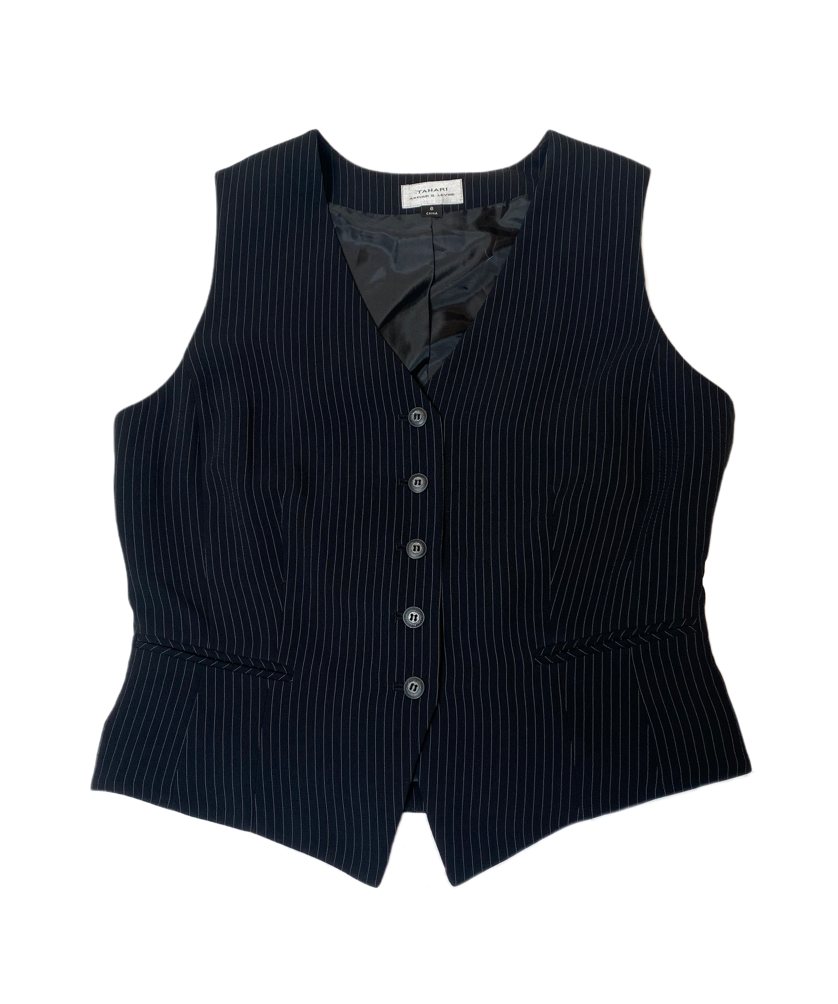 Tahari Author S Levine Vintage Pinstripe VestClassic beautifully tailored black pinstriped vintage vest from Tahari. 
Pair this with wide leg jeans or pants and a bright color top for a trending look.