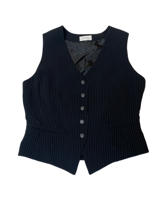 Tahari Author S Levine Vintage Pinstripe VestClassic beautifully tailored black pinstriped vintage vest from Tahari. 
Pair this with wide leg jeans or pants and a bright color top for a trending look.