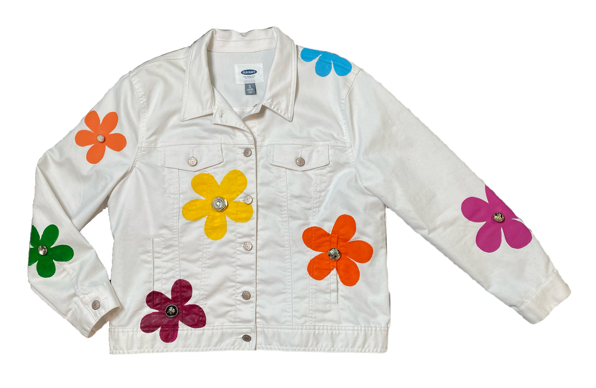 REFRESHED - Old Navy white denim jacket with hand painted flowers with buttons for the centers.  Such a cute jacket for any spring or summer outfit!  