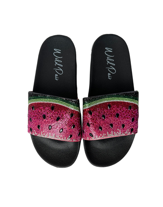 Wild Pair Watermelon Caroletta Platform Slides - NWBPrepare your feet for a wild ride in these Watermelon Caroletta Platform Slides! They come fresh off the vine with a bejeweled watermelon design accents and sky-highWild Pair Watermelon Caroletta Platform Slides - NWBShoes