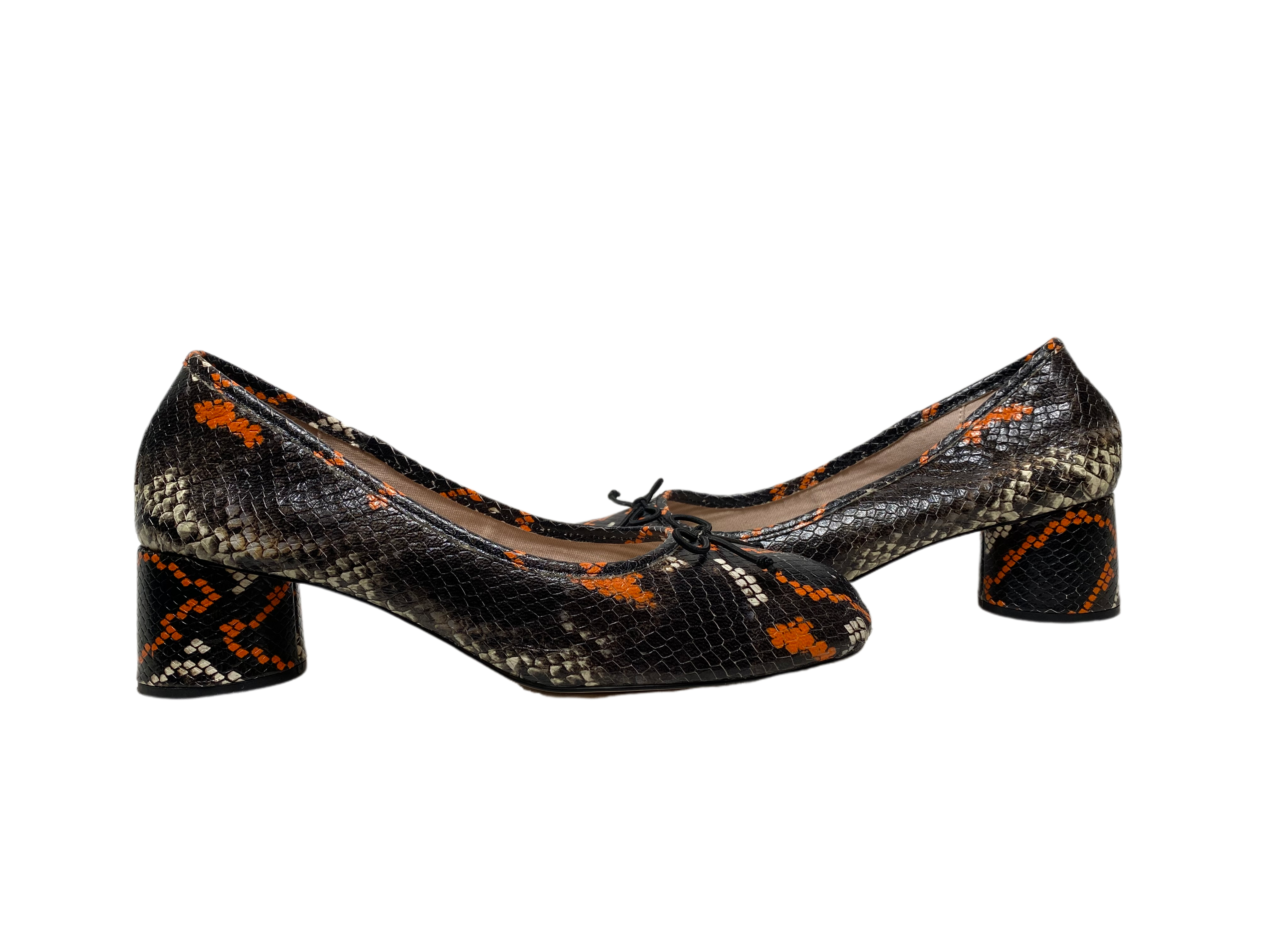 Zara Basic Collection Black and Orange Snake Skin Print Shoes Very cool round heel and round toe Zara shoes. These are the perfect non basic to add to your wardrobe.Orange Snake Skin Print ShoesShoes