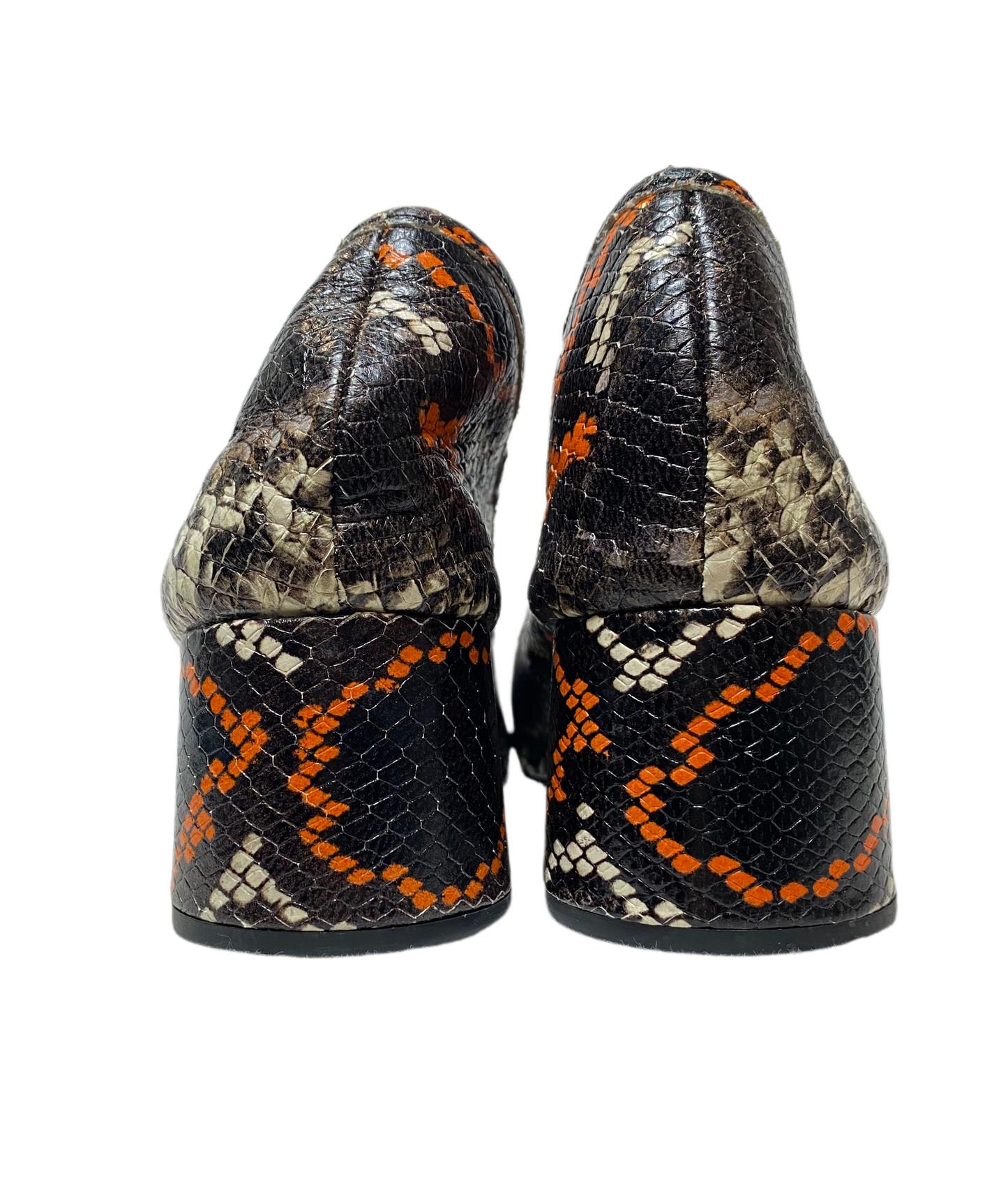 Zara Basic Collection Black and Orange Snake Skin Print Shoes Very cool round heel and round toe Zara shoes. These are the perfect non basic to add to your wardrobe.Orange Snake Skin Print ShoesShoes