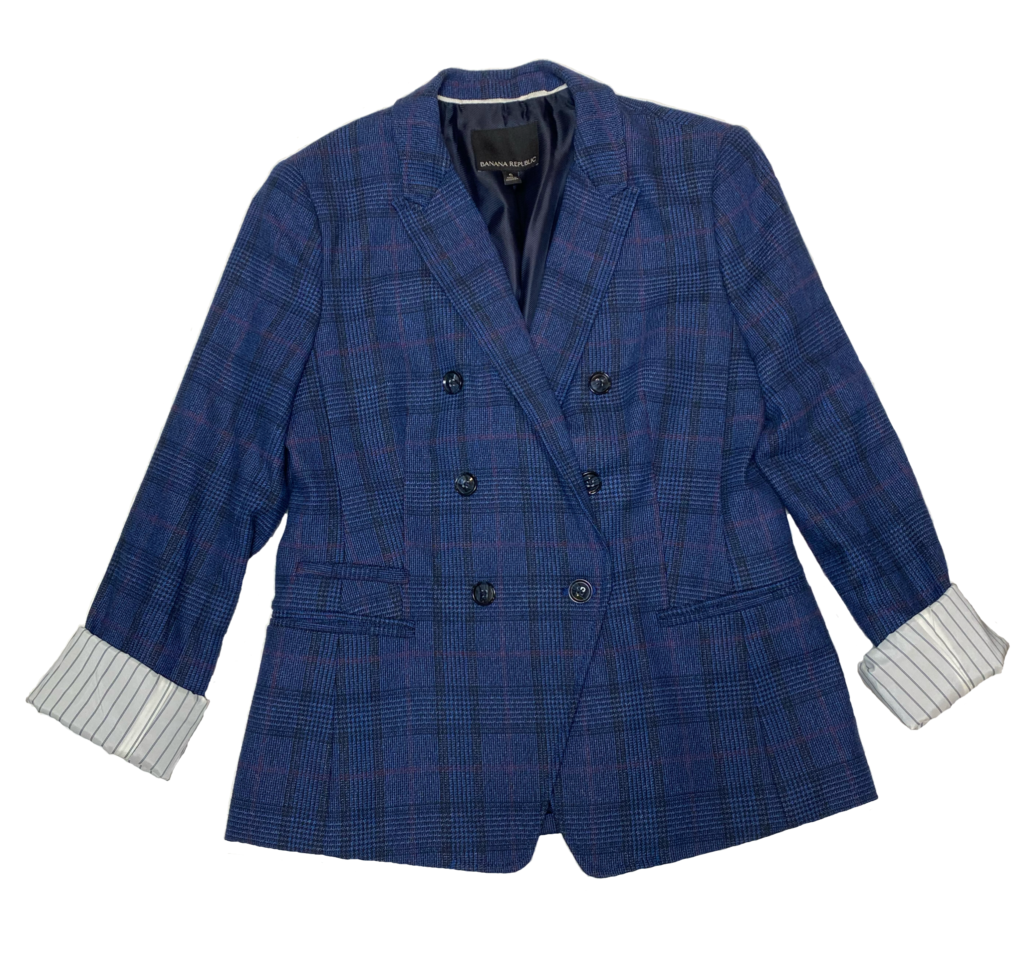 Banana Republic Blue Plaid BlazerBlue and black plaid double breast blazer with pockets and fully lined with contrasting sleeve lining.
Roll sleeves up or down to change the look of your outfit! Pai