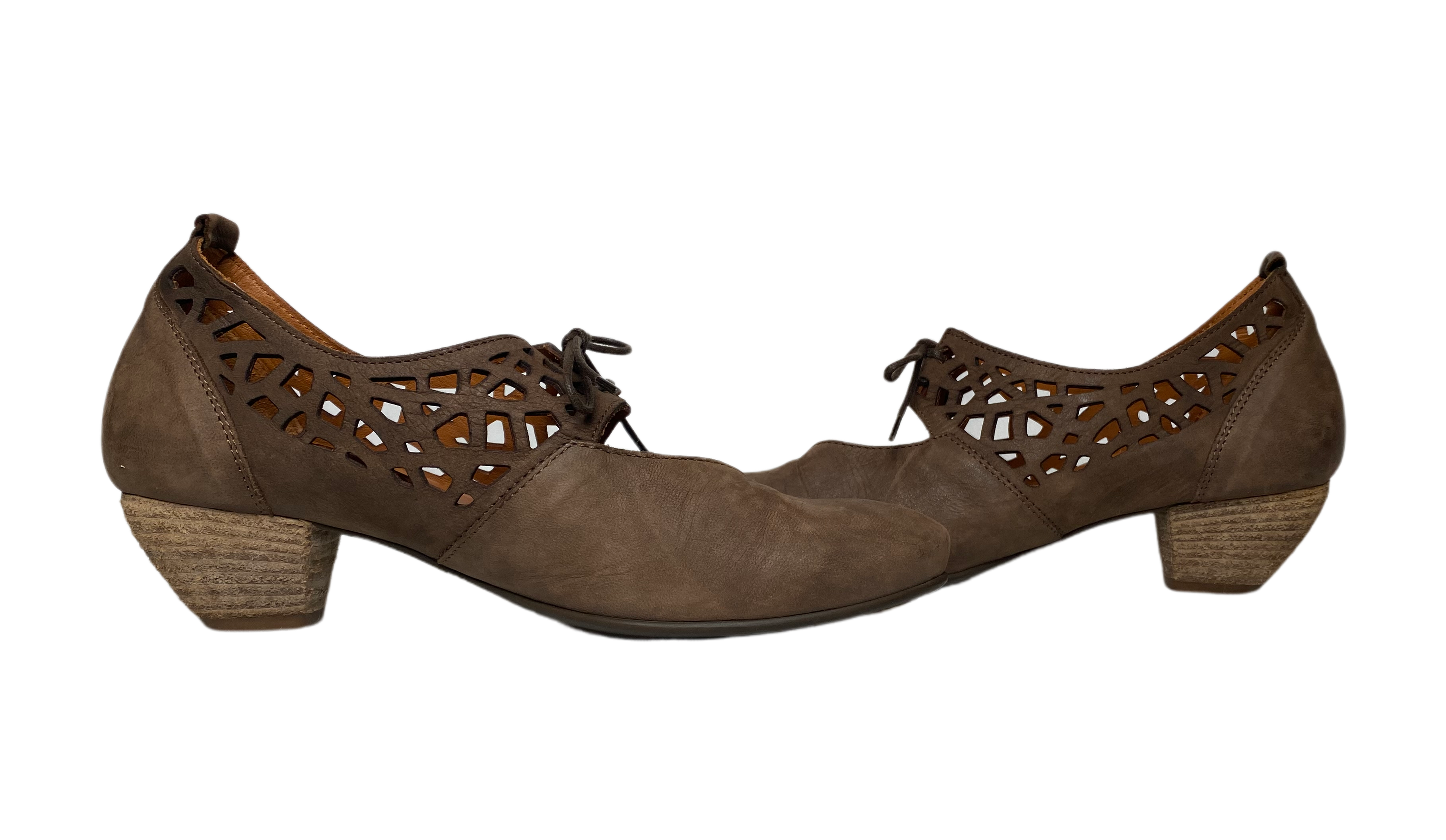 Think! Brown Suede Lace-Up Low Wood Heel ShoesThese Think! brown suede lace-Up shoes feature a stylish wood heel, leather cut-outs, and a classic lace-up design. The low heel provides a secure fit and comfortablLow Wood Heel ShoesShoes