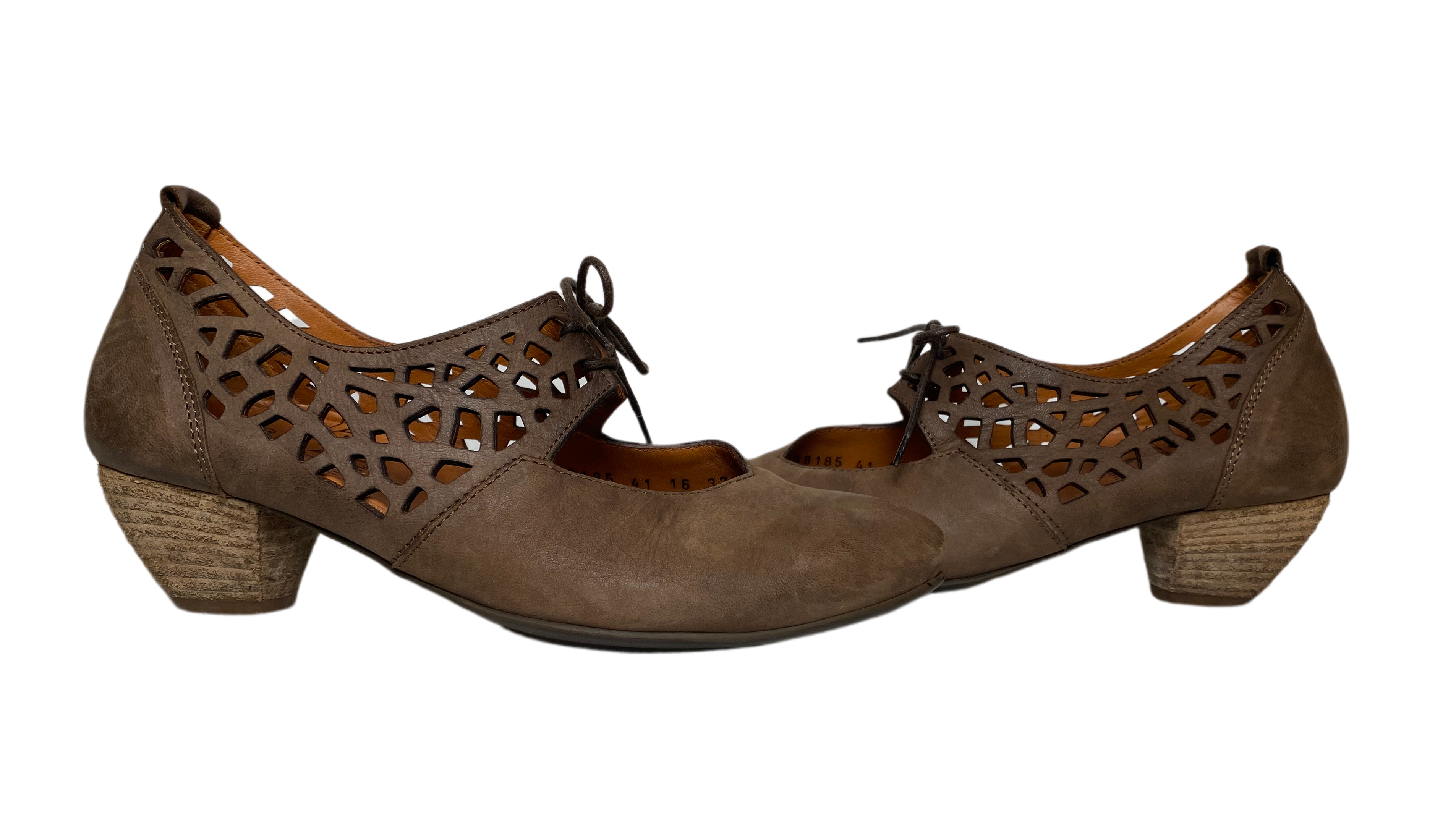 Think! Brown Suede Lace-Up Low Wood Heel ShoesThese Think! brown suede lace-Up shoes feature a stylish wood heel, leather cut-outs, and a classic lace-up design. The low heel provides a secure fit and comfortablLow Wood Heel ShoesShoes