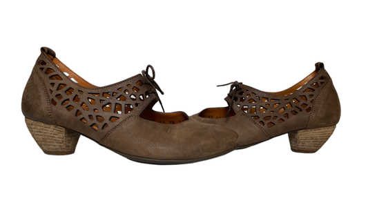 Think! Brown Suede Lace-Up Low Wood Heel ShoesThese Think! brown suede lace-Up shoes feature a stylish wood heel, leather cut-outs, and a classic lace-up design. The low heel provides a secure fit and comfortablLow Wood Heel ShoesShoes