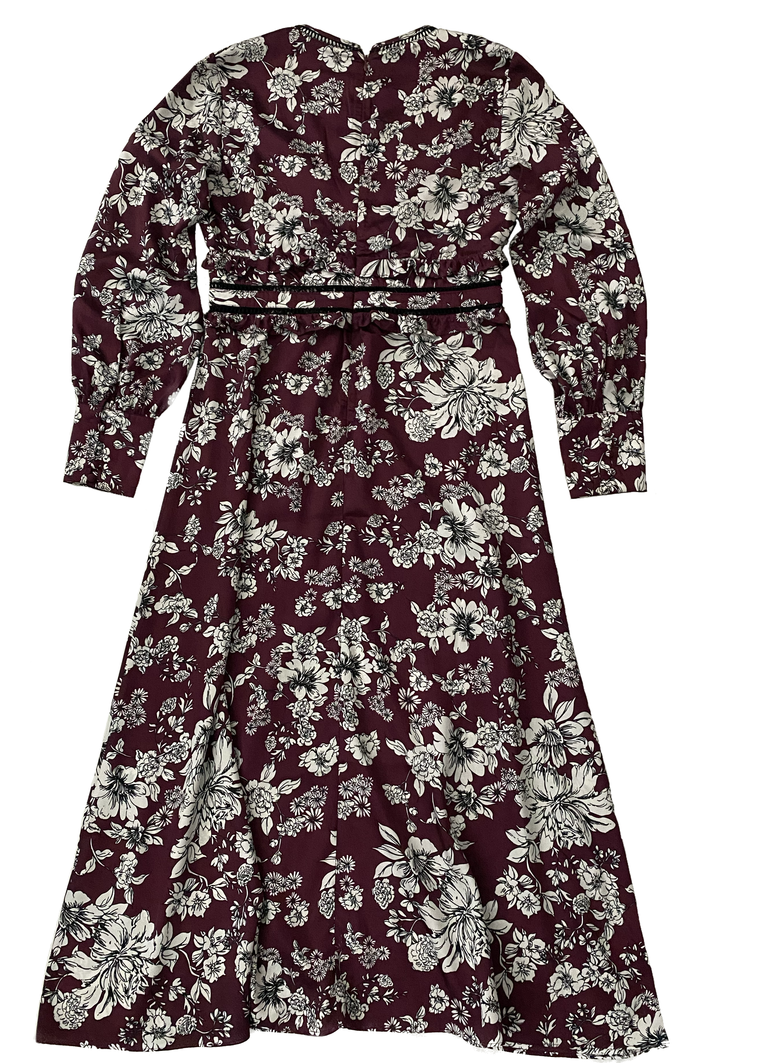 Bardot Burgundy and White Floral Dress This charming dress is so easy to wear! Such pretty details.