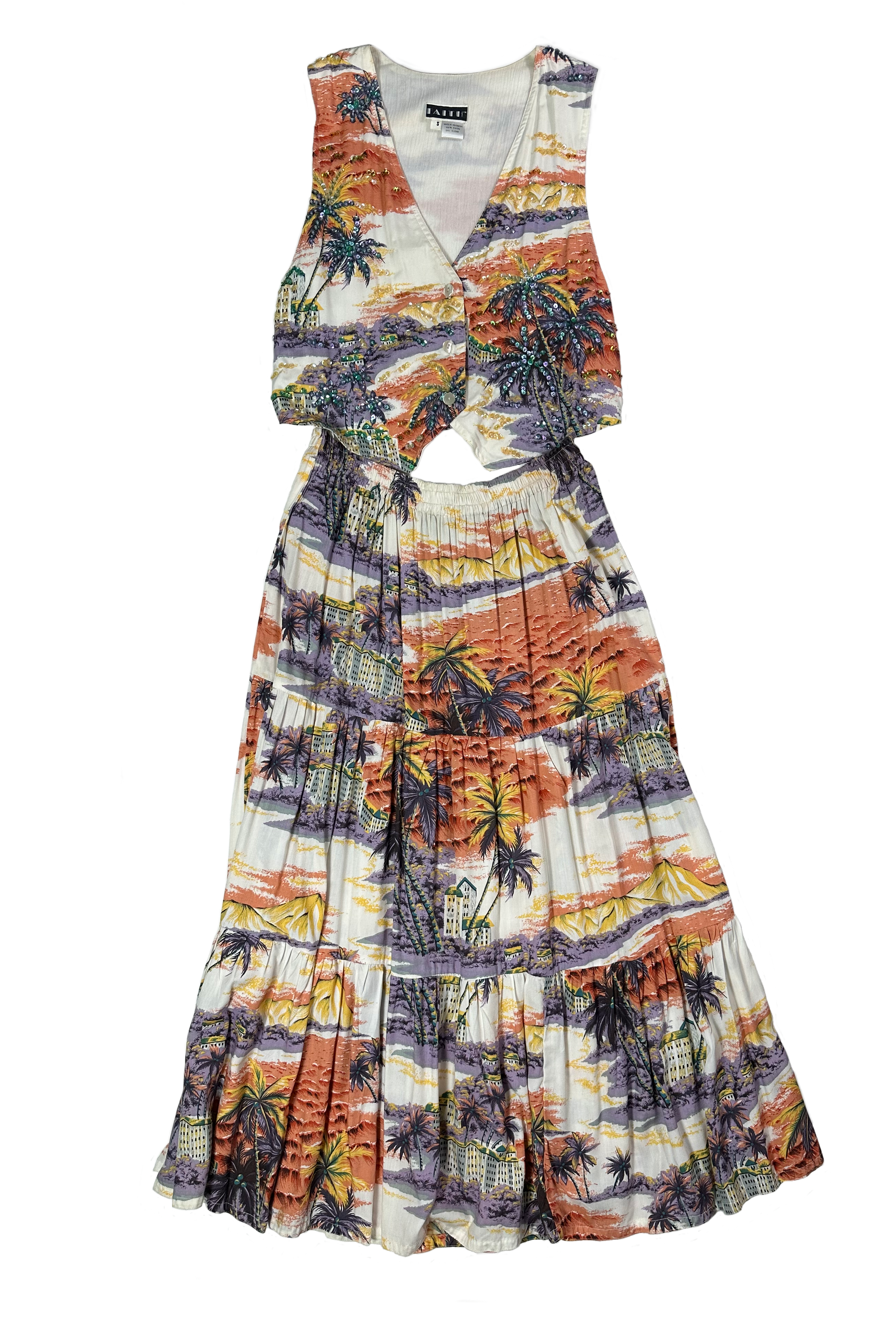 FaithThis Faith long tiered skirt with vest with sequins is the perfect ensemble for any summer day. The set features a tropical print skirt and an adjustable vest with sSkirt setFaith Long Tiered Skirt with Vest with SequinsFaith Long Tiered Skirt