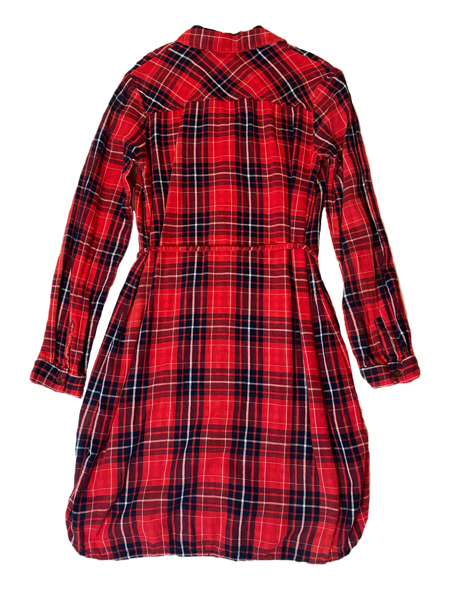 Merona Red Plaid Flannel Shirt DressRed plaid flannel shirt dress lined with black and white gingham fabric. This button front shirt dress has pockets and a removable tie at the waist.
 