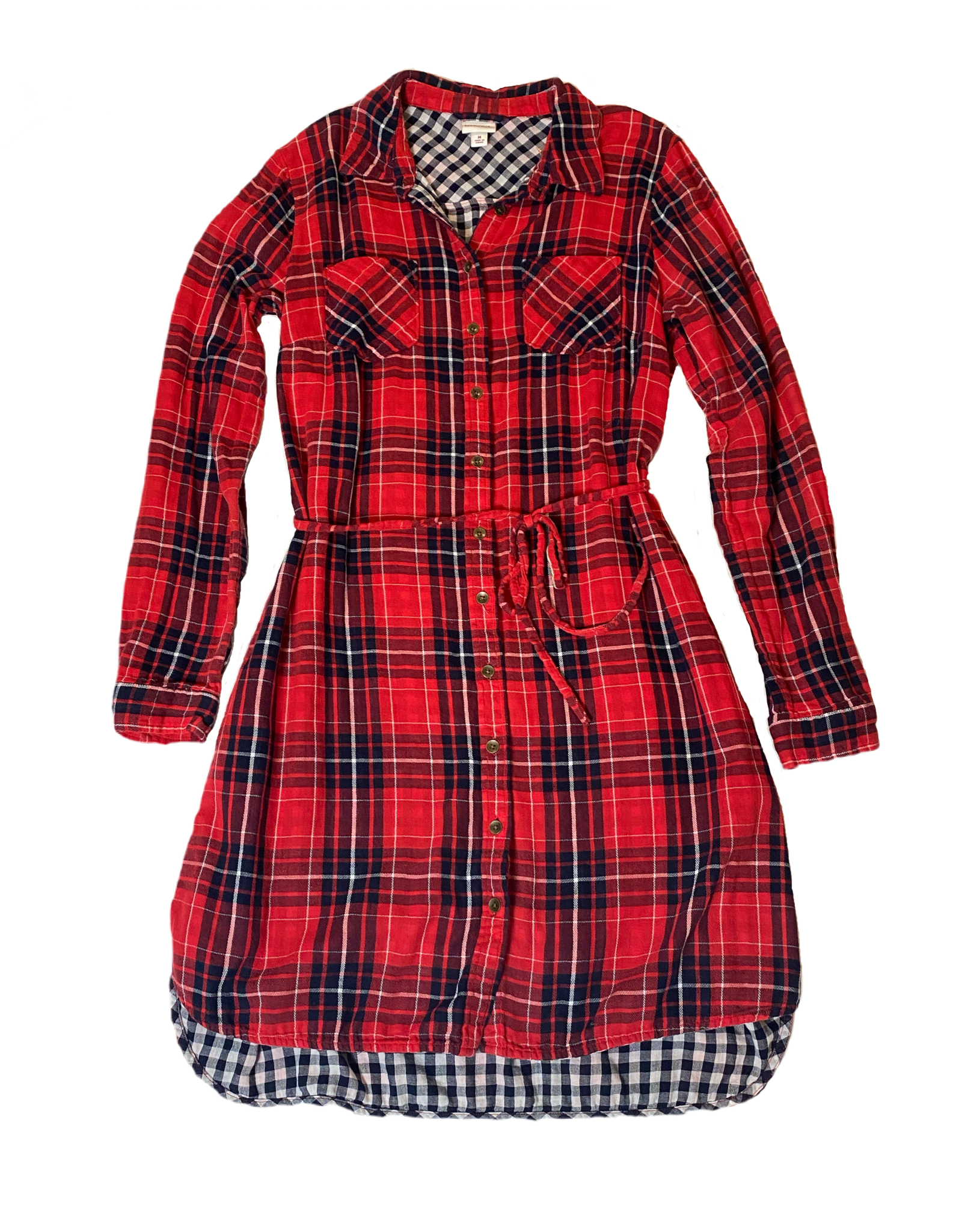 Merona Red Plaid Flannel Shirt DressRed plaid flannel shirt dress lined with black and white gingham fabric. This button front shirt dress has pockets and a removable tie at the waist.
 