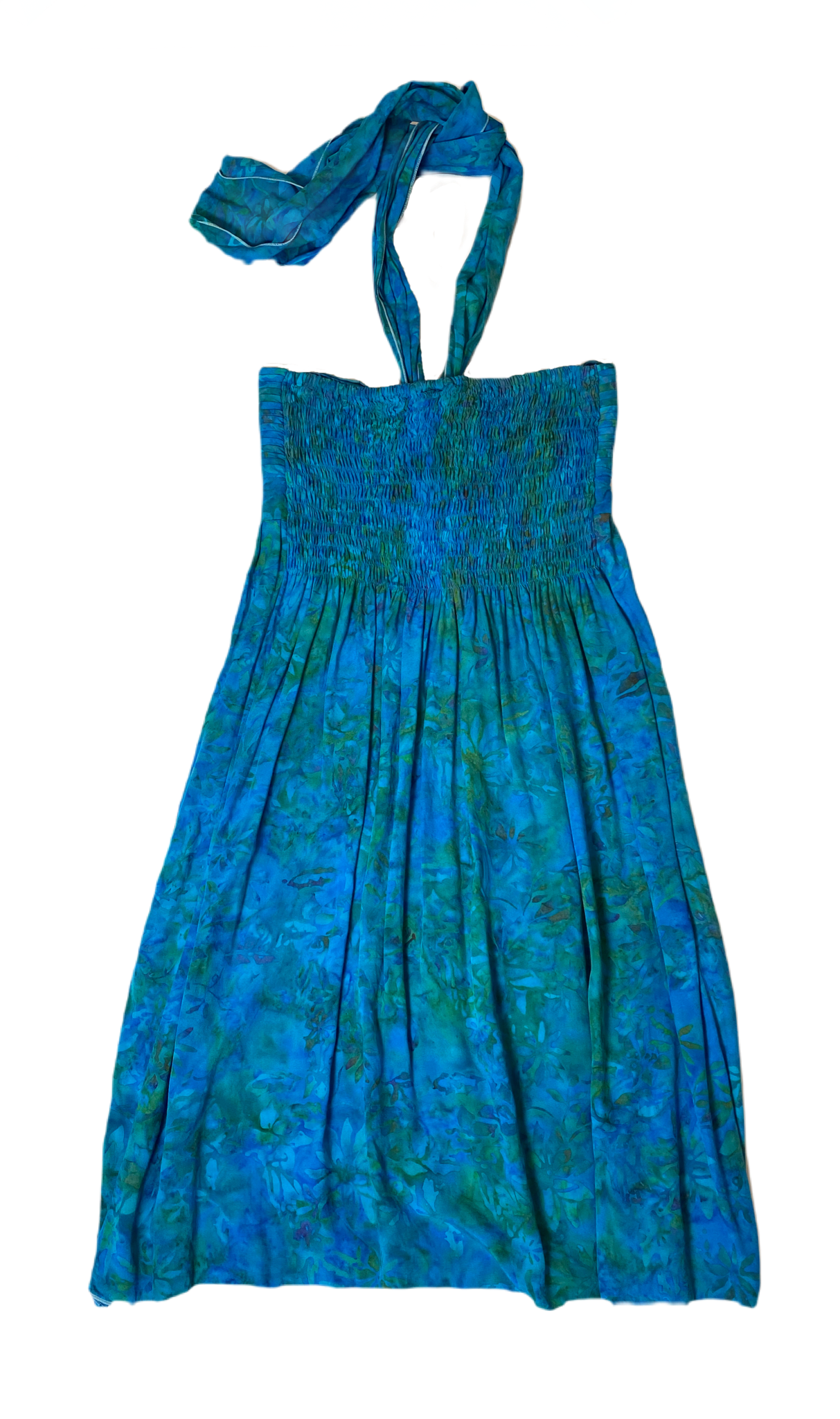 Young Fashion Print Halter DressShort blue and green print halter dress. Knot front and elastic back.
Add sandals and you are ready to go!