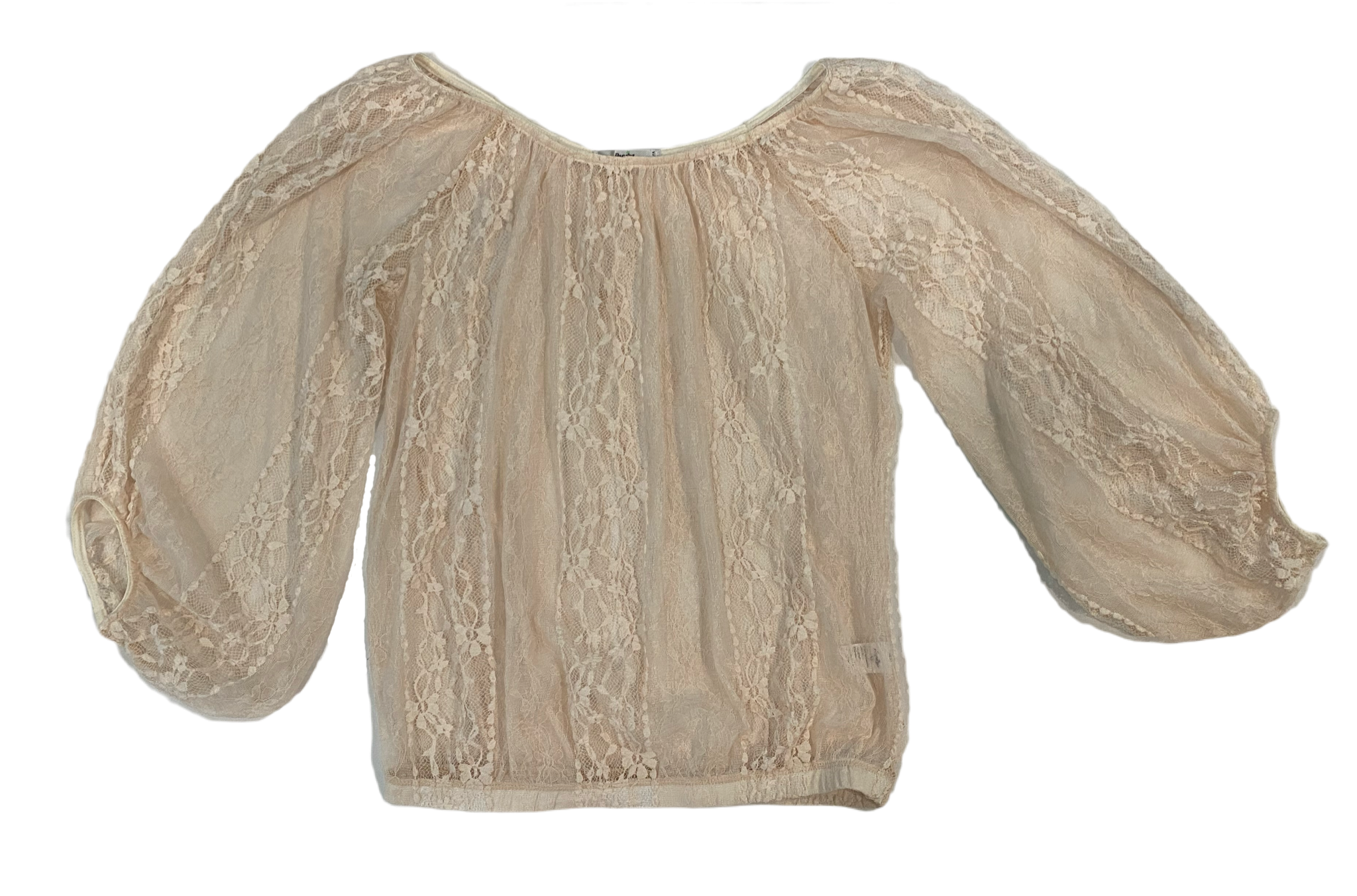 Papaya Sheer Cream Lace TopSoft sheer cream lace top with full 3/4 sleeves and elastic at the cuffs, neckline and waist. 
Change up your jeans with this lace top. Add a long necklace, chunky a