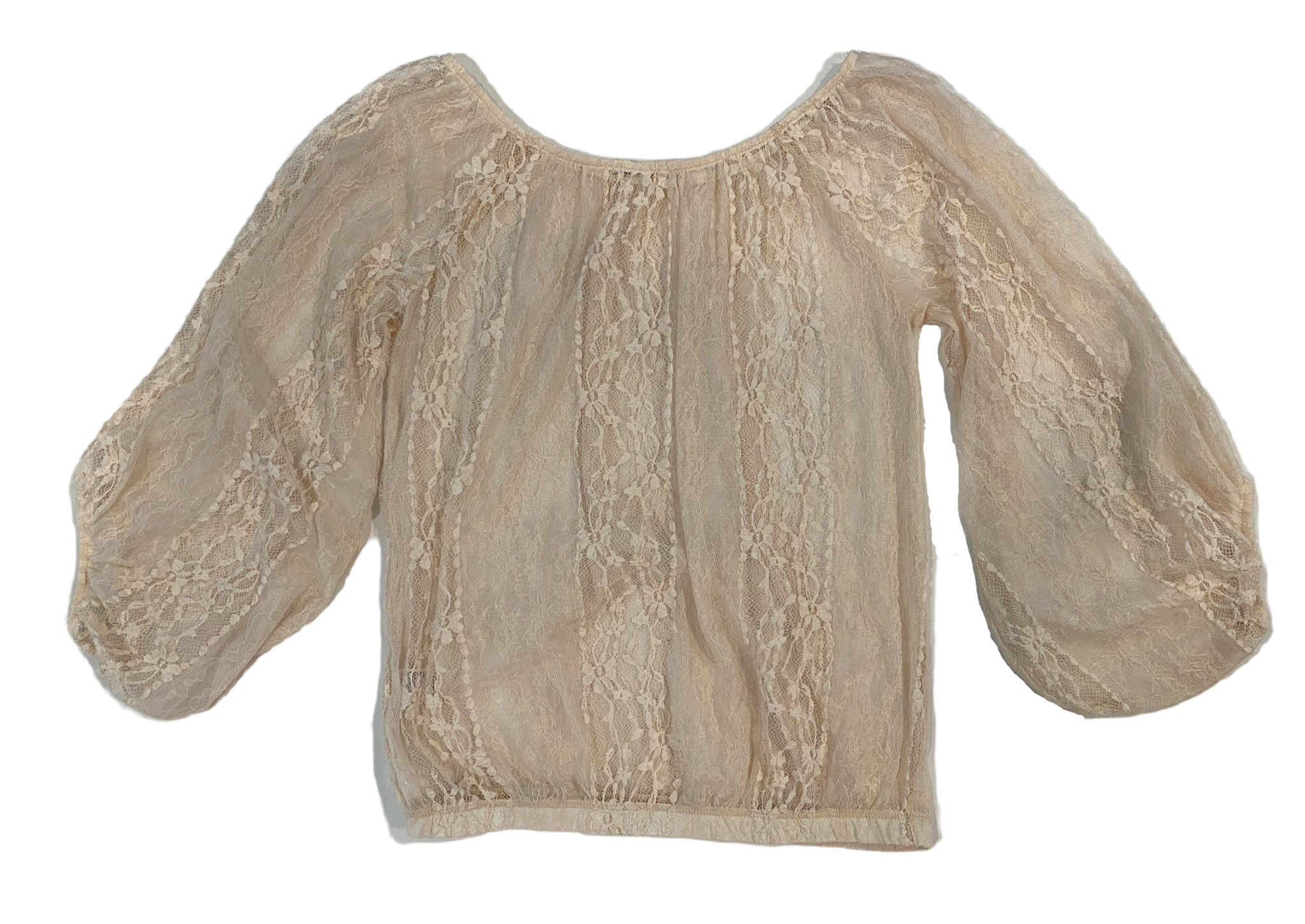 Papaya Sheer Cream Lace TopSoft sheer cream lace top with full 3/4 sleeves and elastic at the cuffs, neckline and waist. 
Change up your jeans with this lace top. Add a long necklace, chunky a