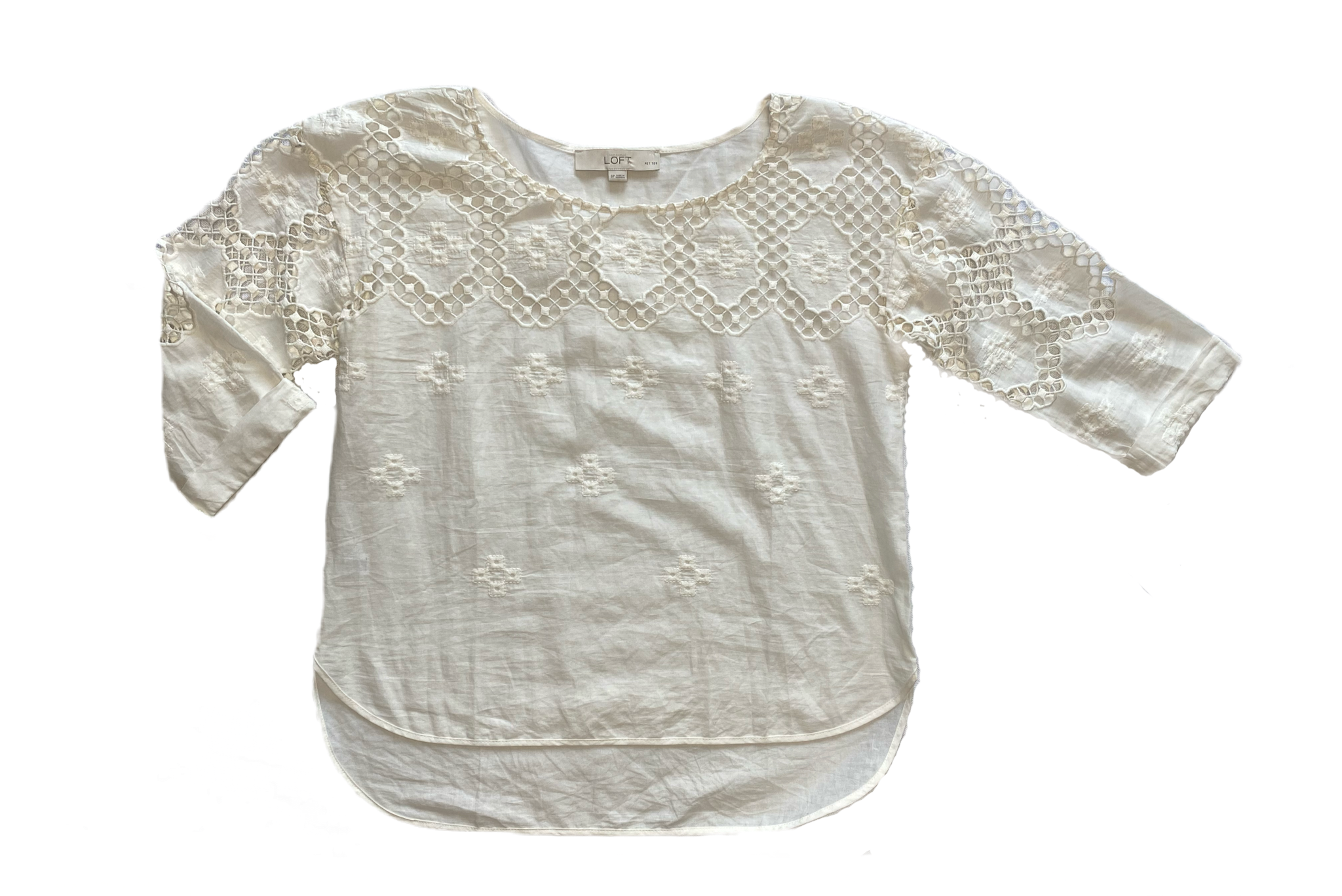 Loft Off White Top with Crochet Details  Elevate your style with this playful LOFT top. Featuring charming crochet details, 3/4 length sleeves, and a trendy shirttail he