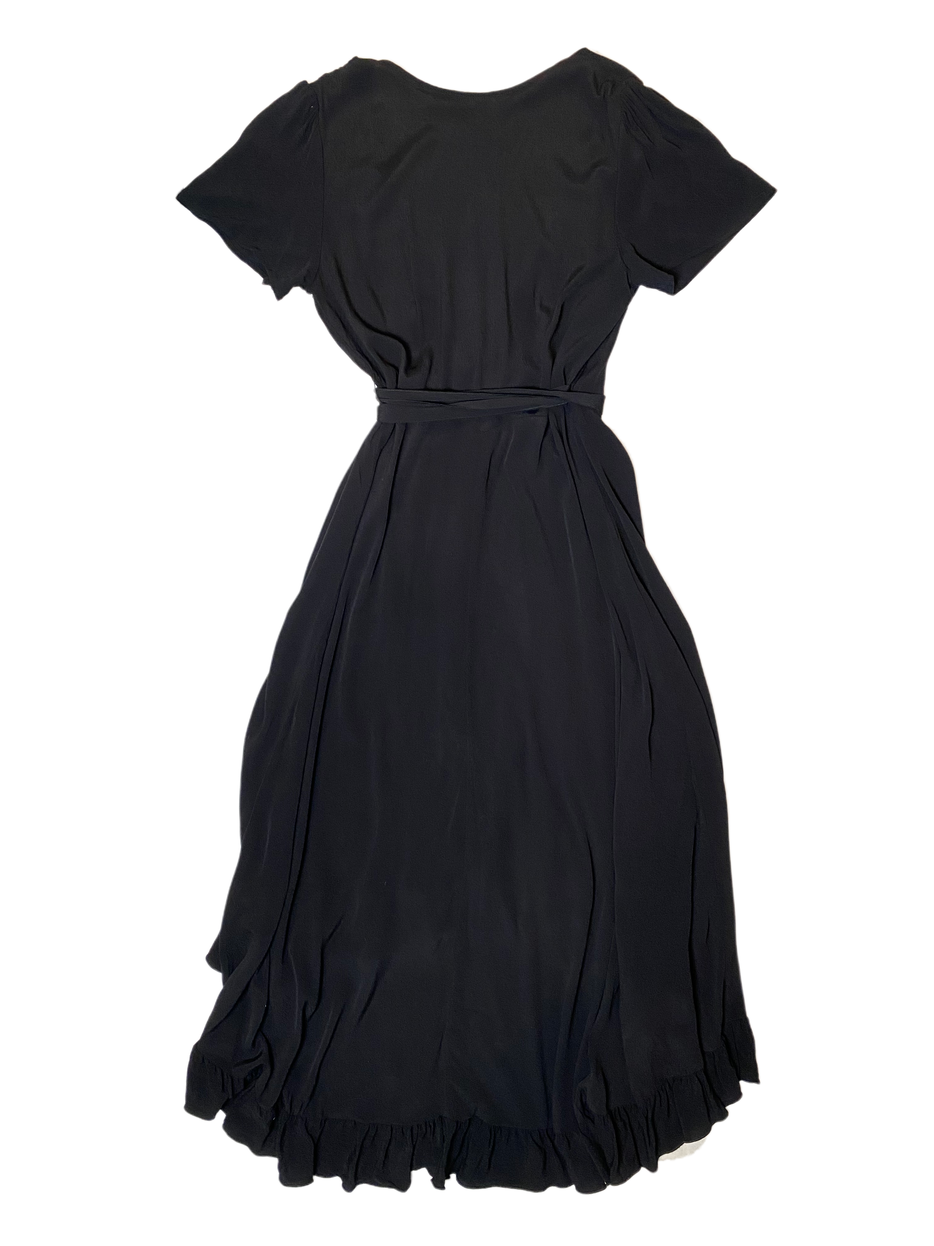 Loco Lindo Long Black Wrap Dress with RuffleThis elevated classic black wrap dress has added gathering at the neck line, short sleeves and a slight high-low ruffled hem line for a beautiful feminine look.Loco Lindo Long Black Wrap Dressdress