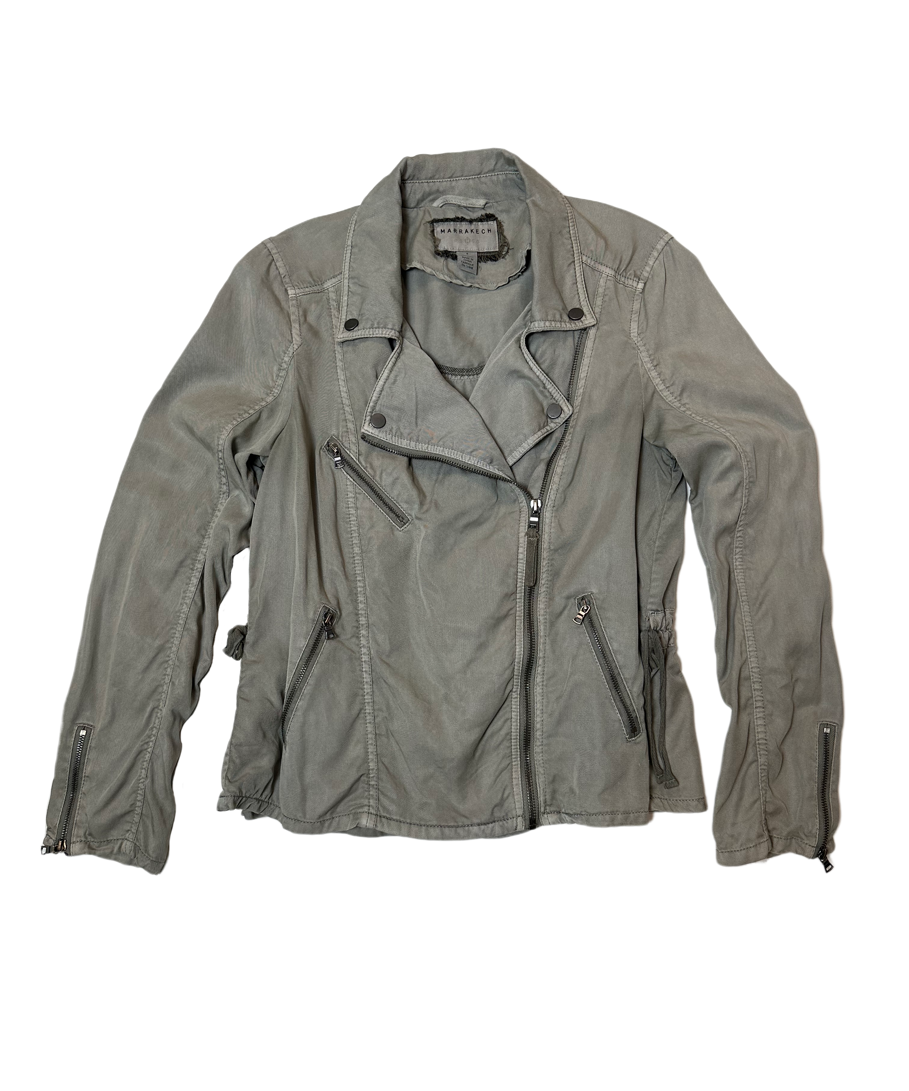 Marrakech Anthropologie Muted Green Moto Jacket This light weight jacket will quickly become your every day go to! The neutral color goes with everything, and the moto look will add style to any outfit.