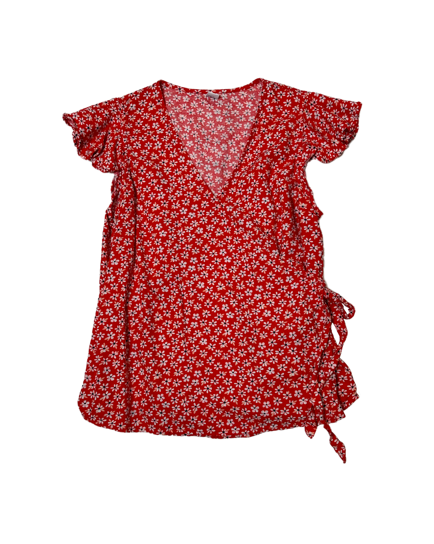 Old Navy Red Floral Print Wrap Shirt with Flutter SleevesThis cute flutter sleeve wrap top is a great way to add a pop of color and interest to a basic pair of jeans or a wide leg pant. Add a strappy sandal and you are reaNavy Red Floral Print Wrap ShirtShirt
