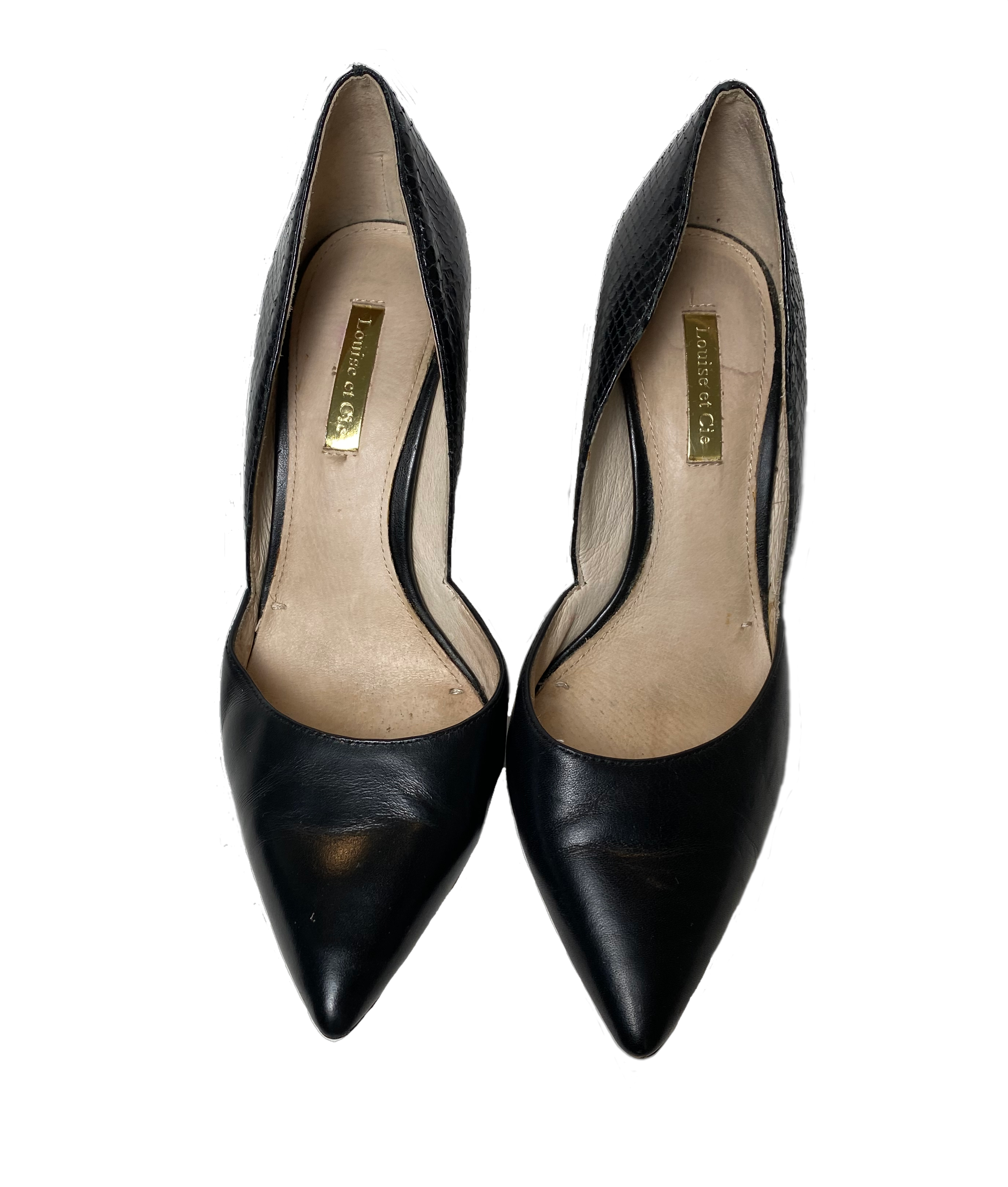 Louie et Cie Black D'Orsay Pumps Classic black d'orsay pump with Amazon Snakeskin on the back half of shoe and Coastal Calf Leather on the front. They feature 3.5" heels.
Looking for the ideal shoe 