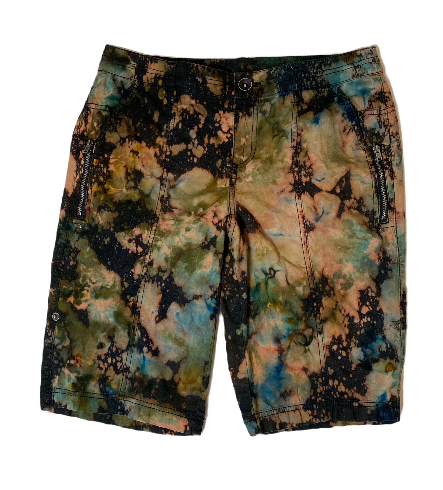 REFRESHED - Style & Co Hand Dyed Bermuda Shorts Refreshed - Hand bleached and dyed bermuda shorts with front side zip pockets, and back pockets.
Add uniqueness to your outfit with these one of a kind shorts!